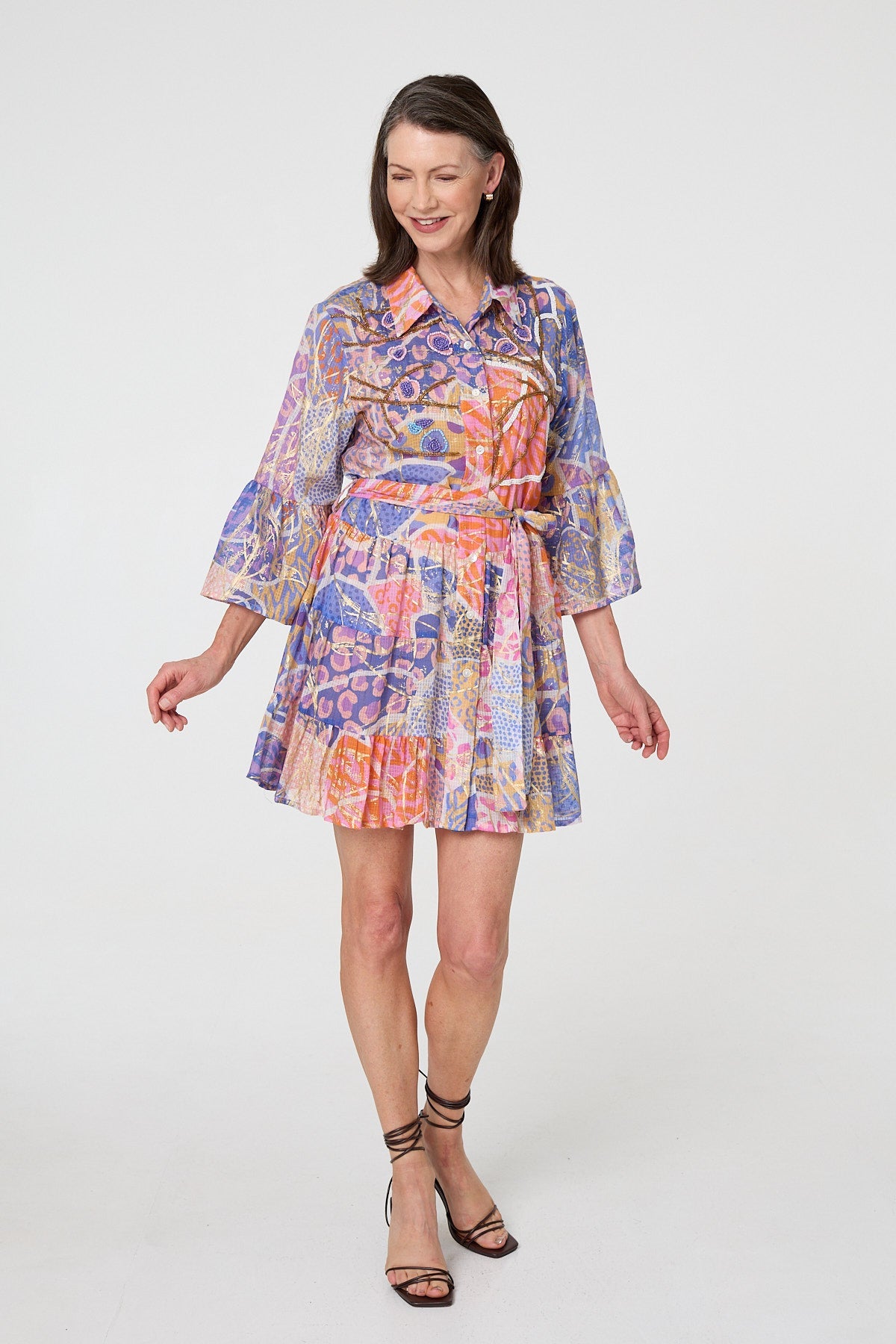 Printed Sparkly Tie Waist Short Dress Back View