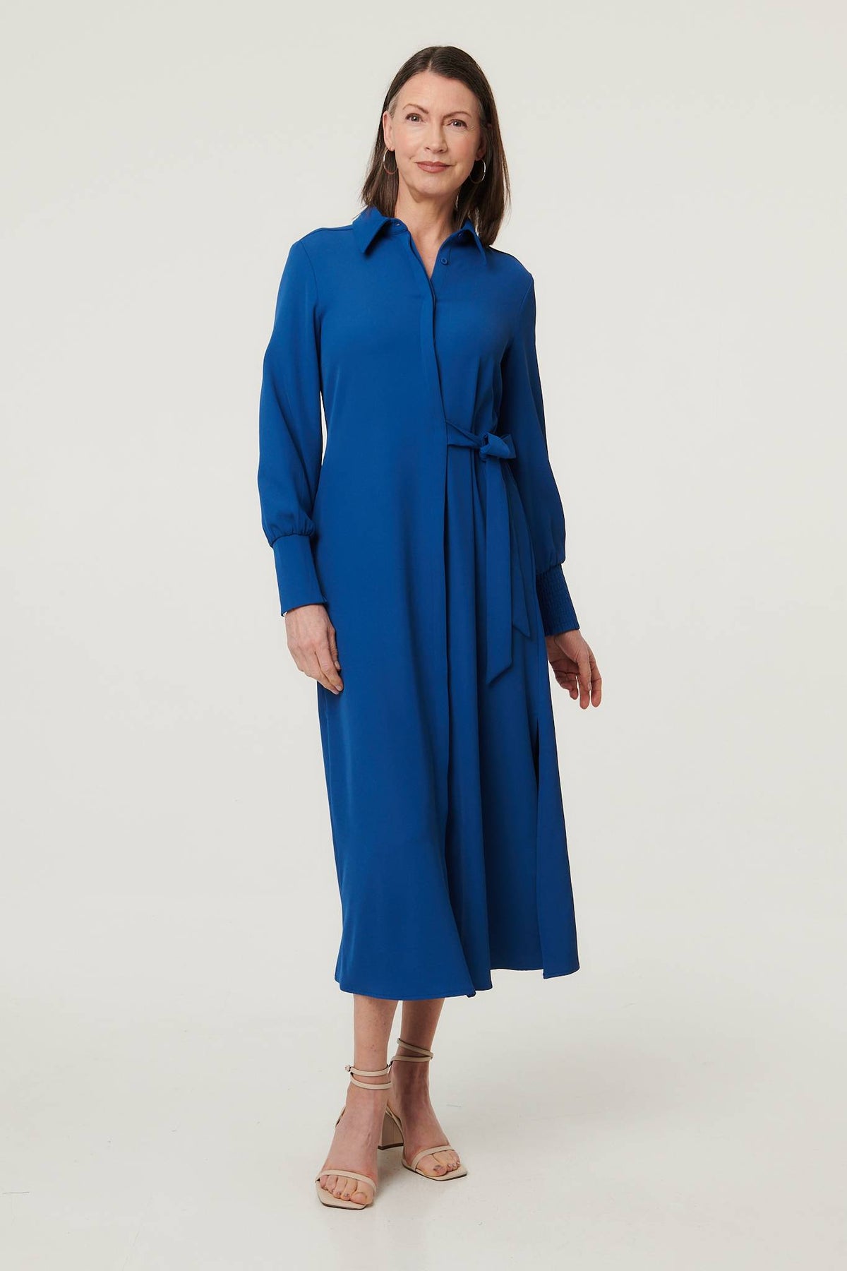 Tie Waist Long Sleeve Midi Shirt Dress Front View