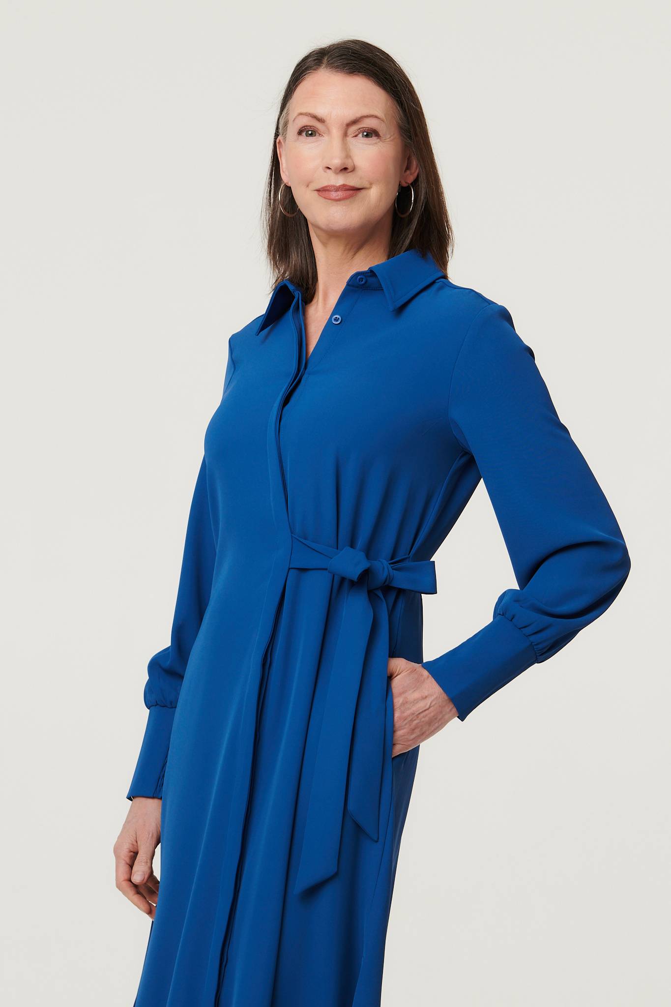Tie Waist Long Sleeve Midi Shirt Dress Back View