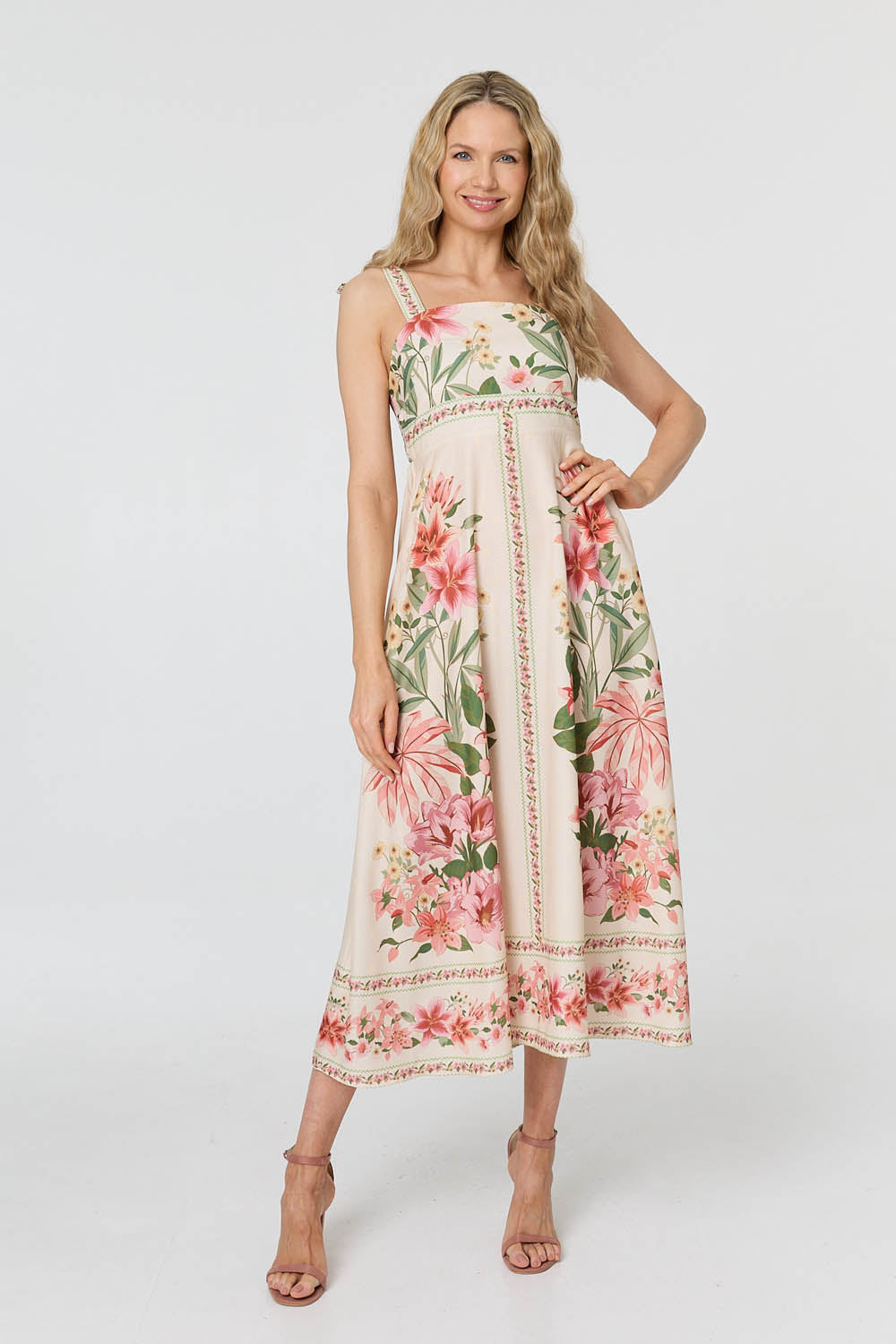 Floral Border Print Tie Strap Midi Dress Full Length View