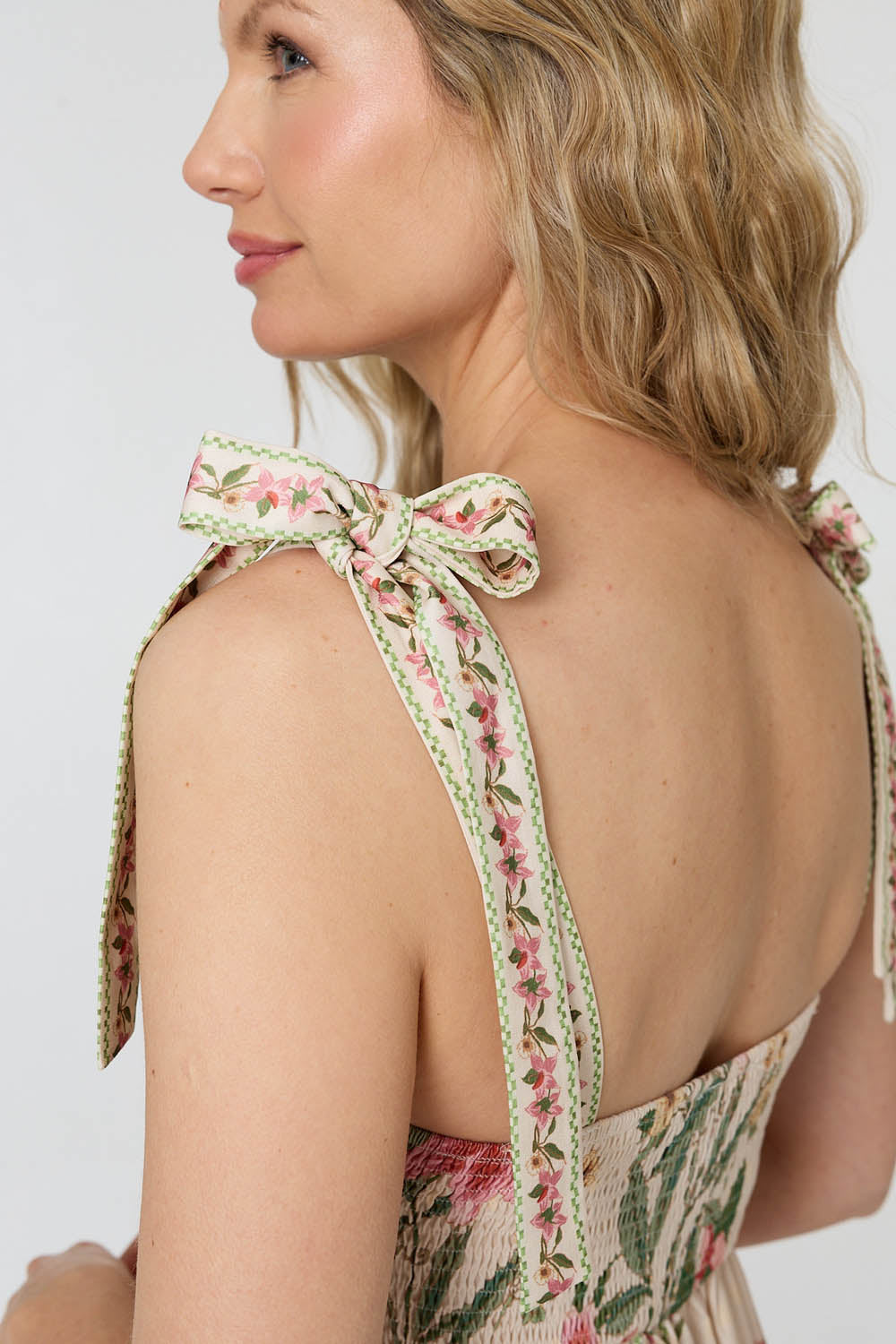 Floral Border Print Tie Strap Midi Dress Side View 2
