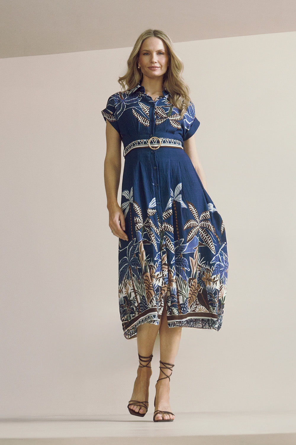 Tropical Print Belted Midi Shirt Dress Front View