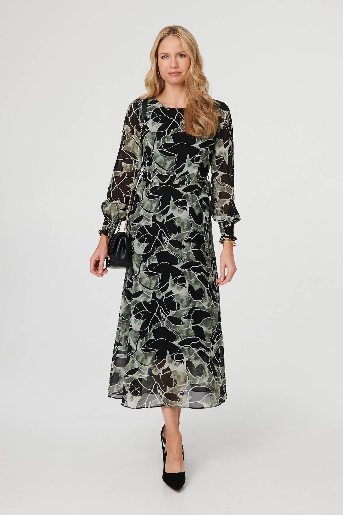 Abstract Long Sleeve Layered Maxi Dress Front View