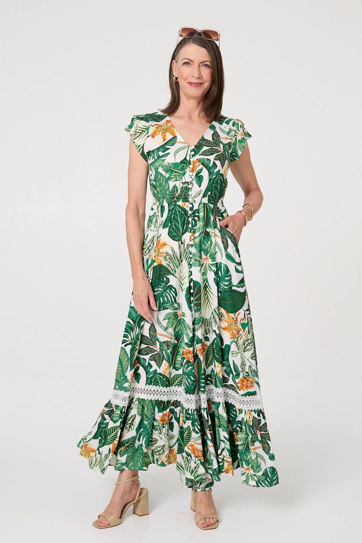 Leaf Print Cap Sleeve Lace Maxi Dress Front View