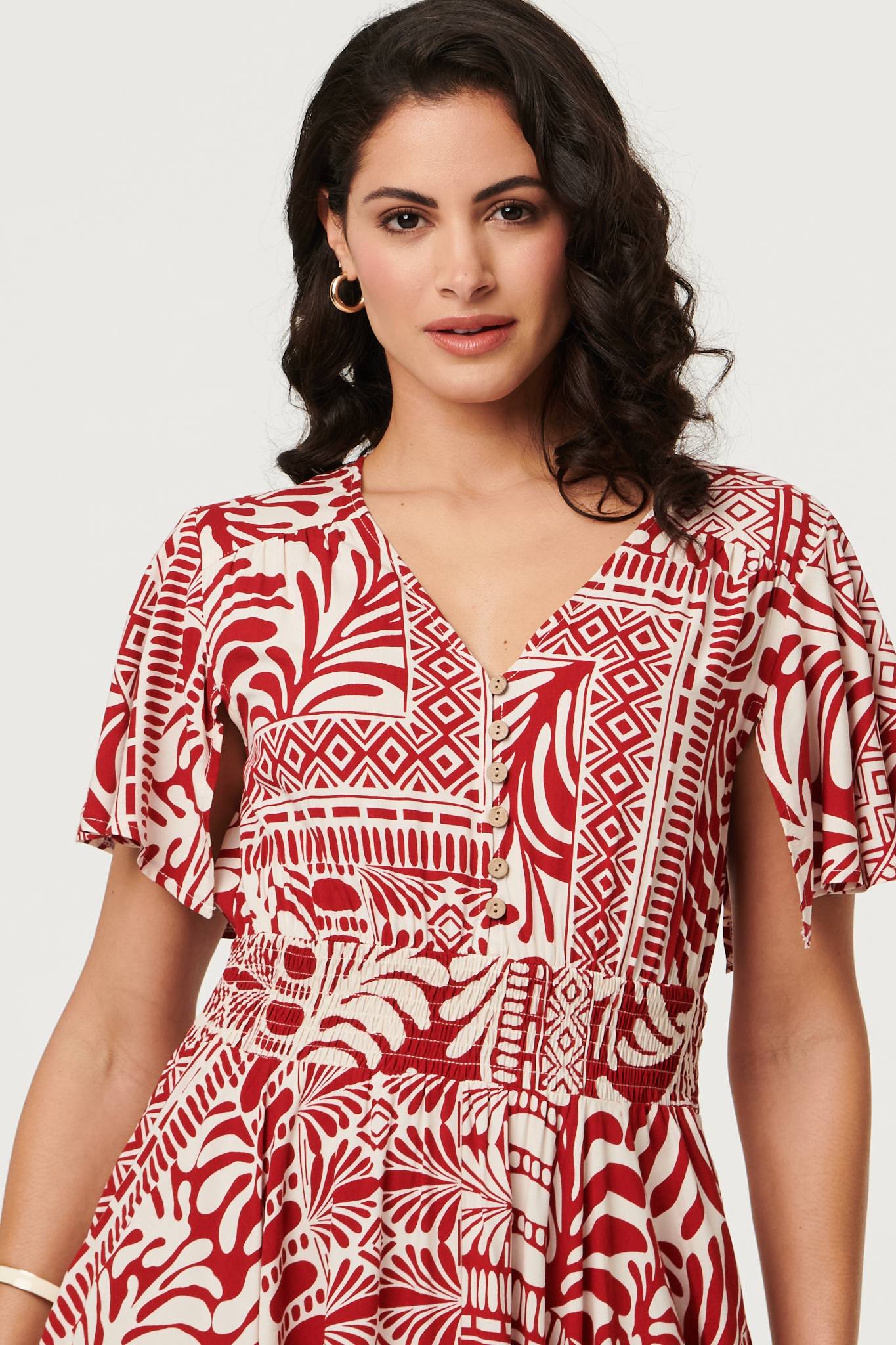 Abstract Print Angel Sleeve Midi Dress Styled View