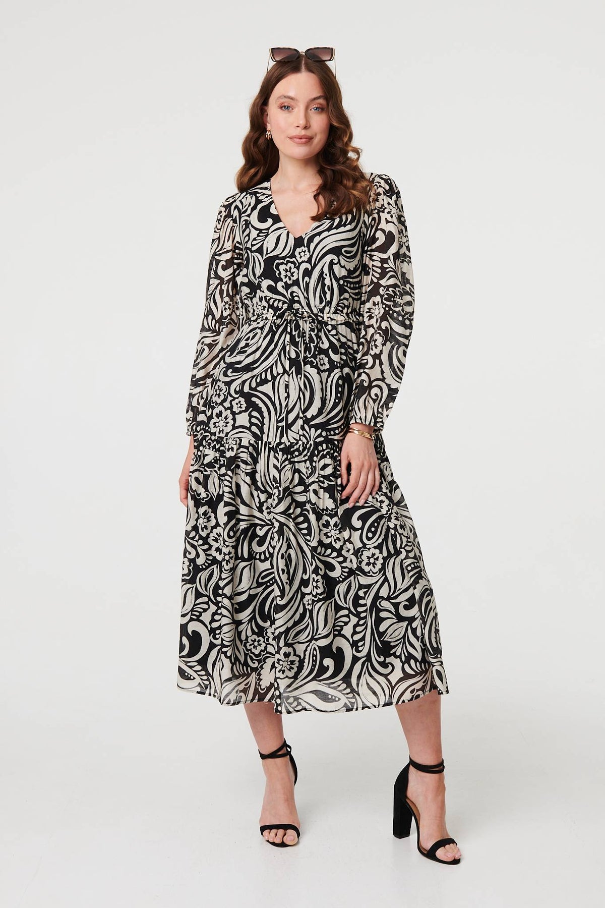 Printed Layered Long Sleeve Maxi Dress Full Length View