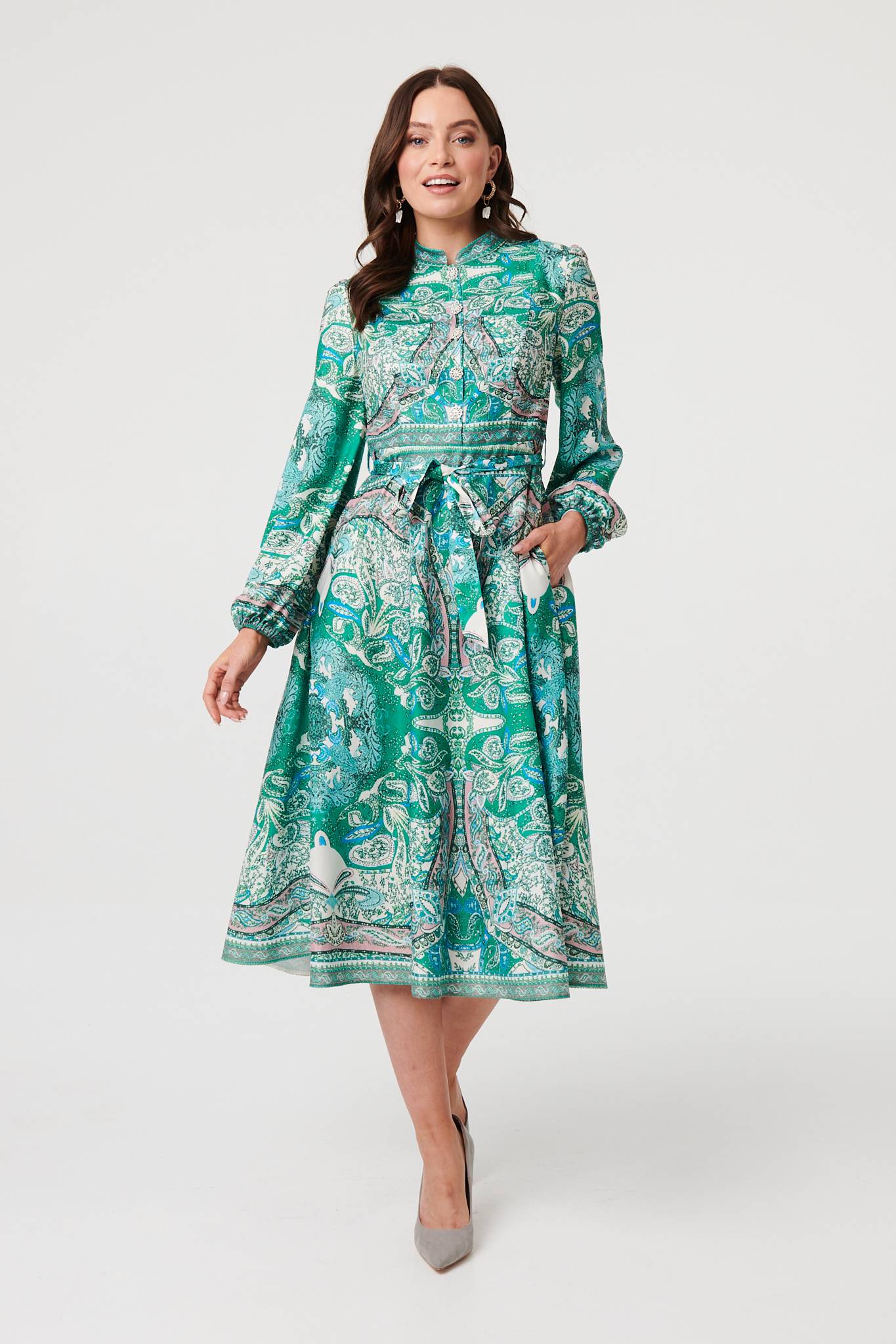 Printed Long Sleeve Tie Midi Dress Back View