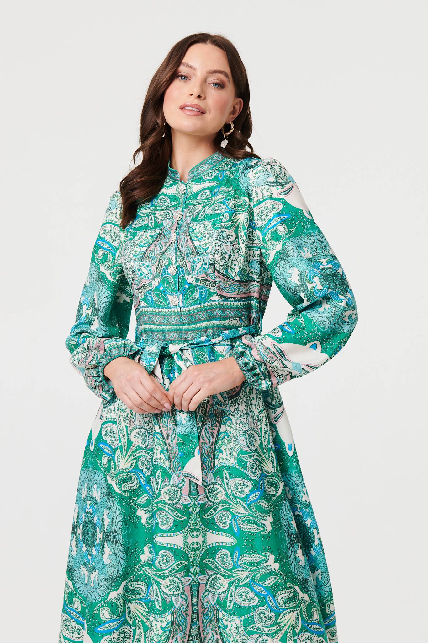 Printed Long Sleeve Tie Midi Dress Styled View
