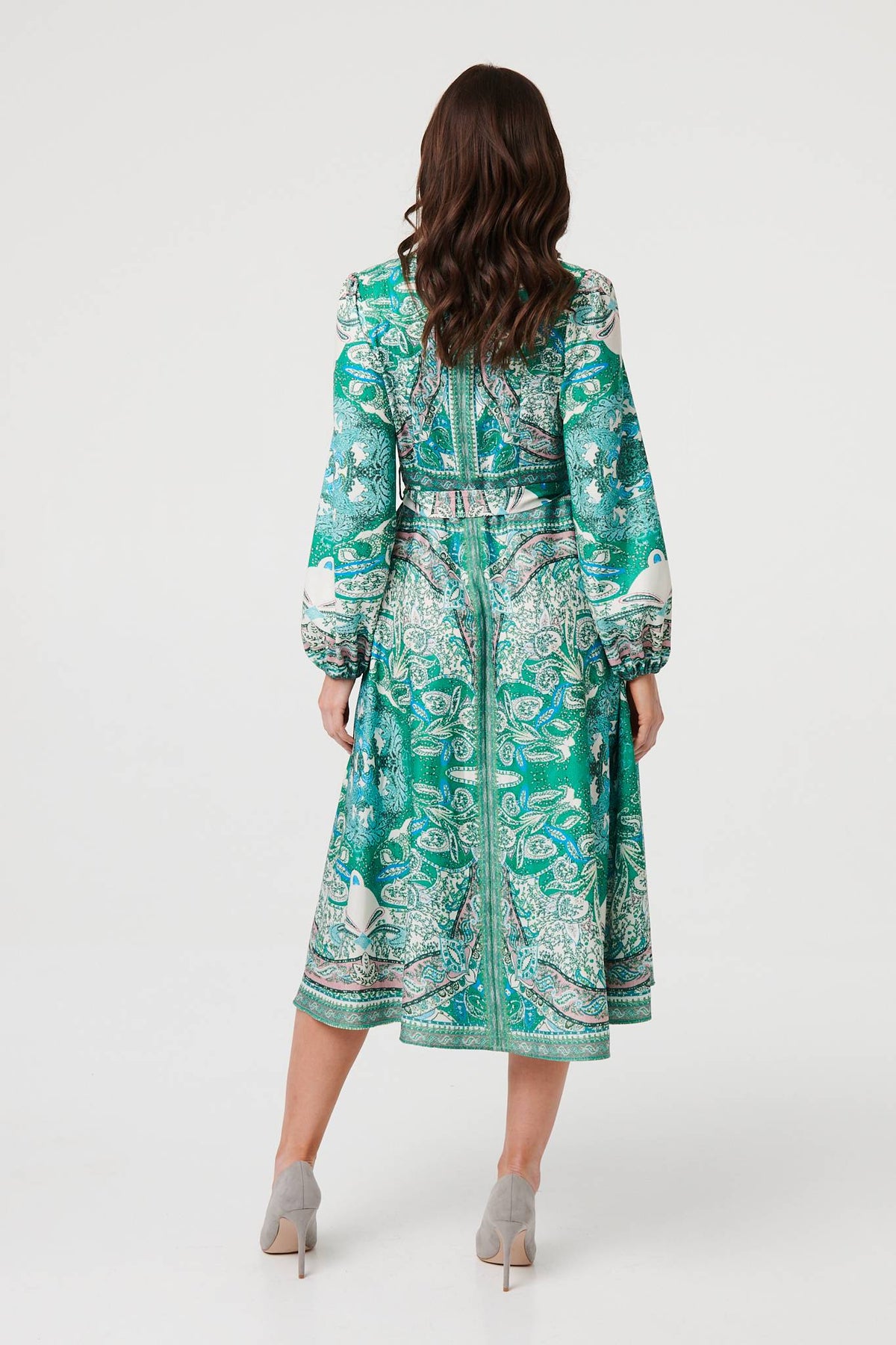 Printed Long Sleeve Tie Midi Dress Side View