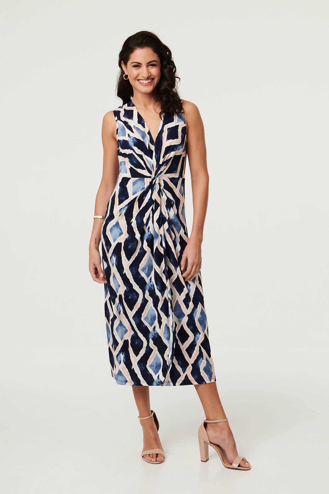 Printed Sleeveless Twist Midi Dress Front View