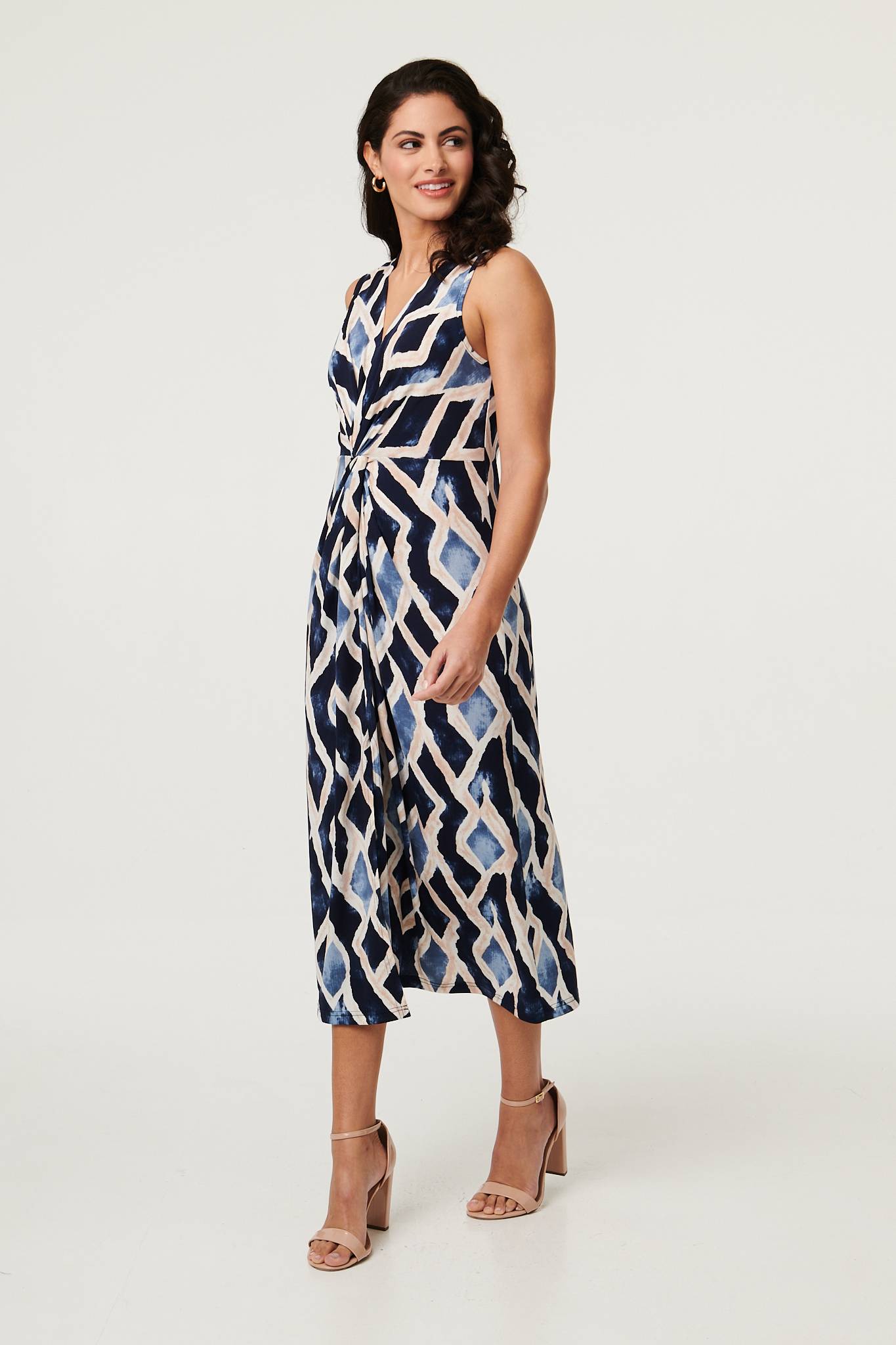 Printed Sleeveless Twist Midi Dress Full Length View