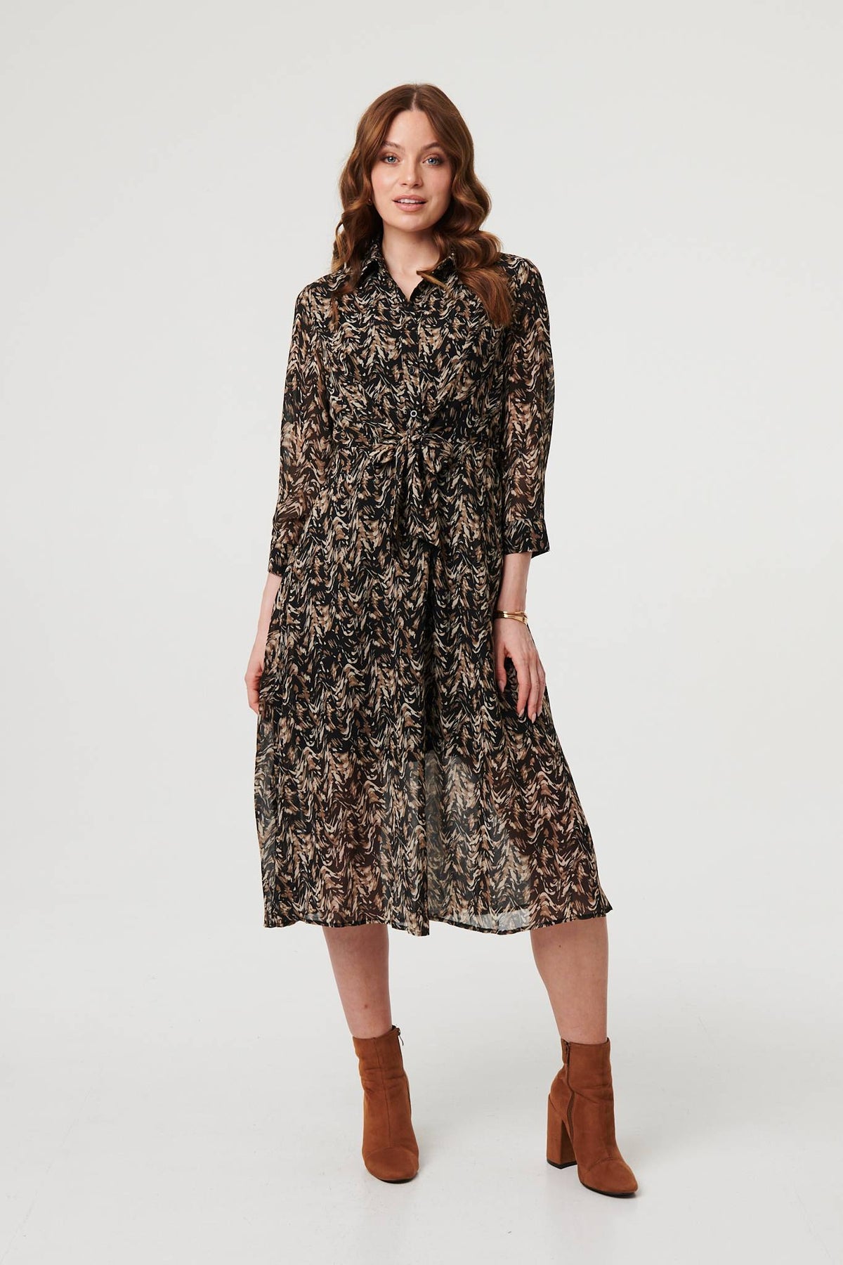 Abstract Tie Waist Shirt Midi Dress Full Length View
