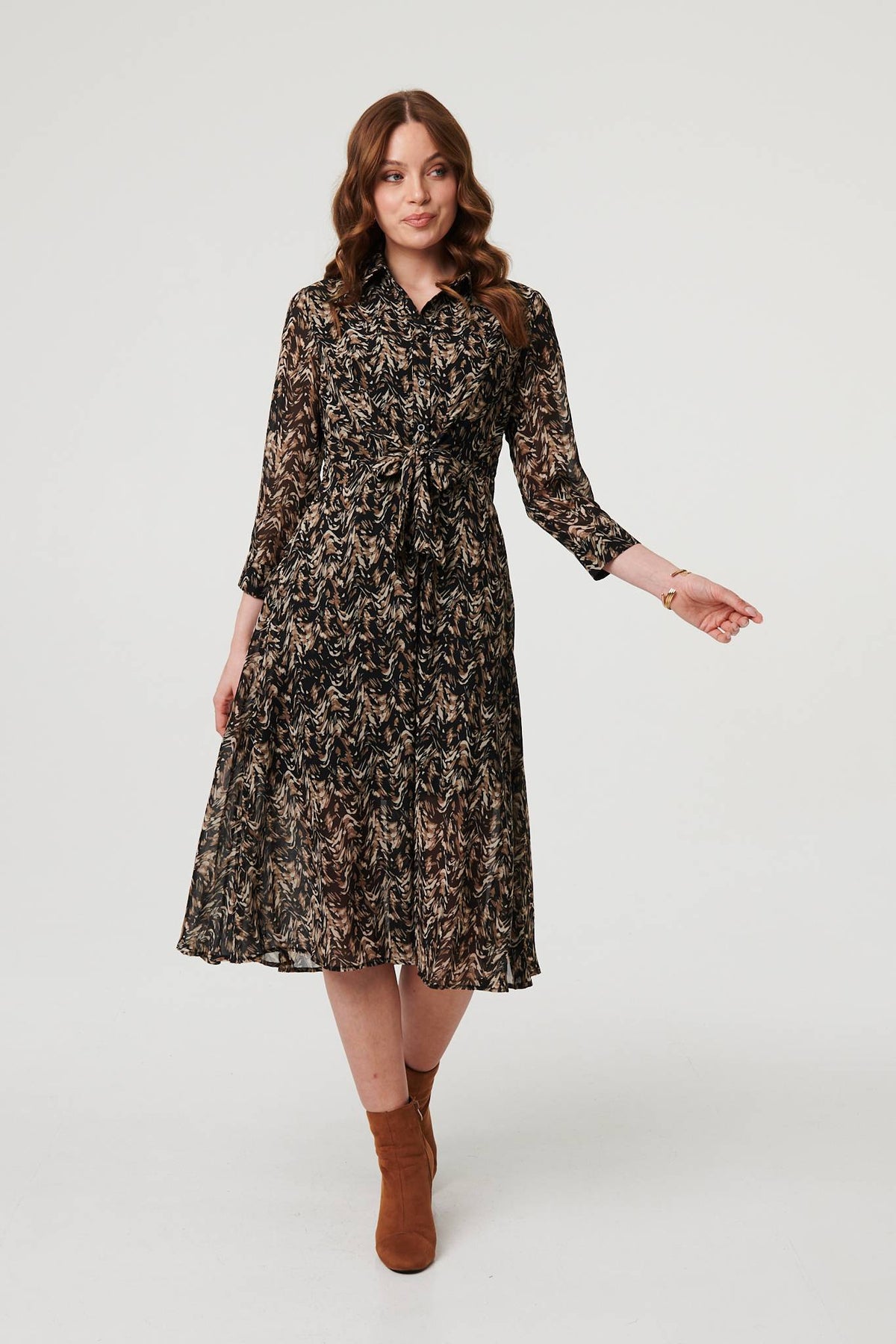 Abstract Tie Waist Shirt Midi Dress Front View