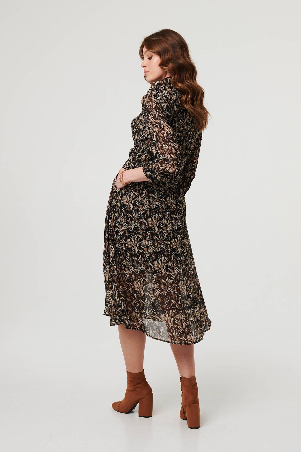 Abstract Tie Waist Shirt Midi Dress Side View
