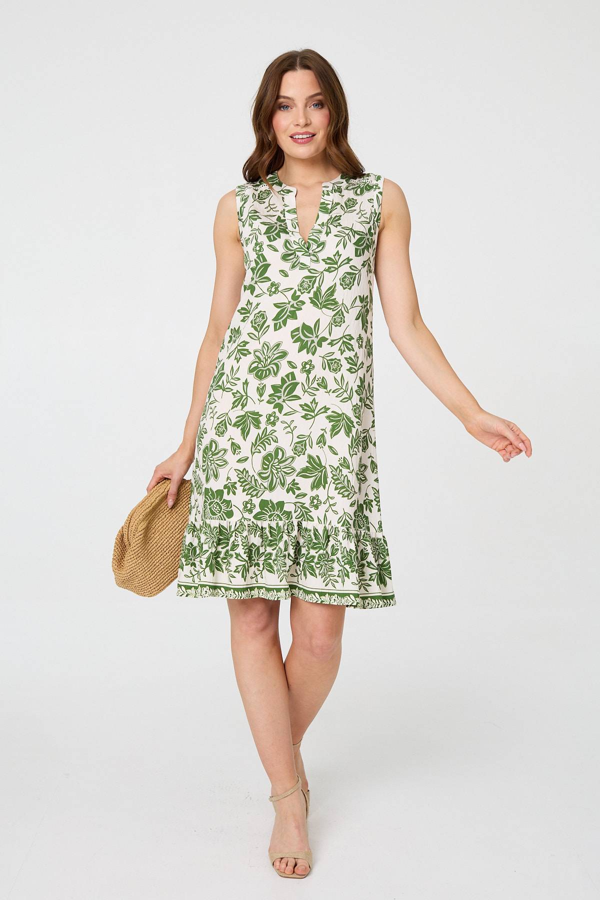 Leaf Print Knee Length Sleeveless Dress Back View
