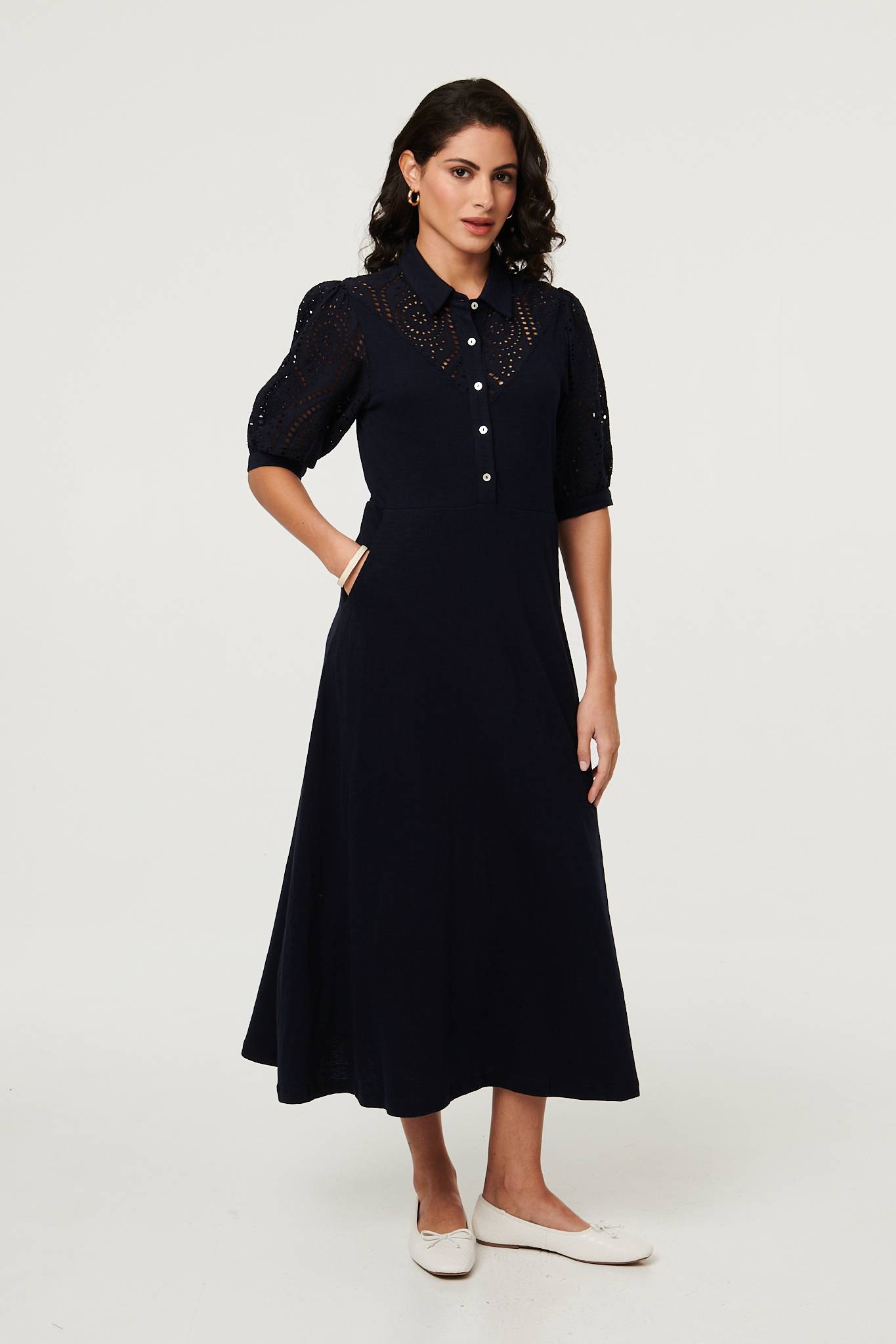 Embroidered Texture Midi Shirt Dress Front View