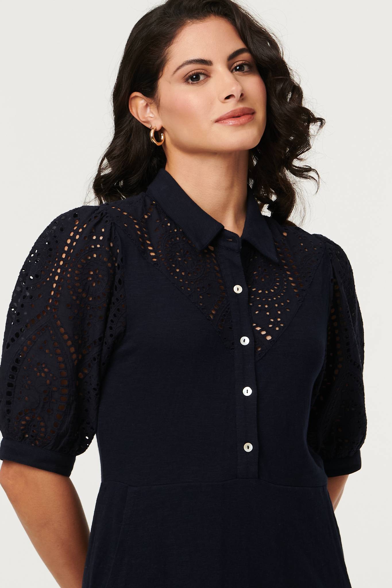 Embroidered Texture Midi Shirt Dress Detail View