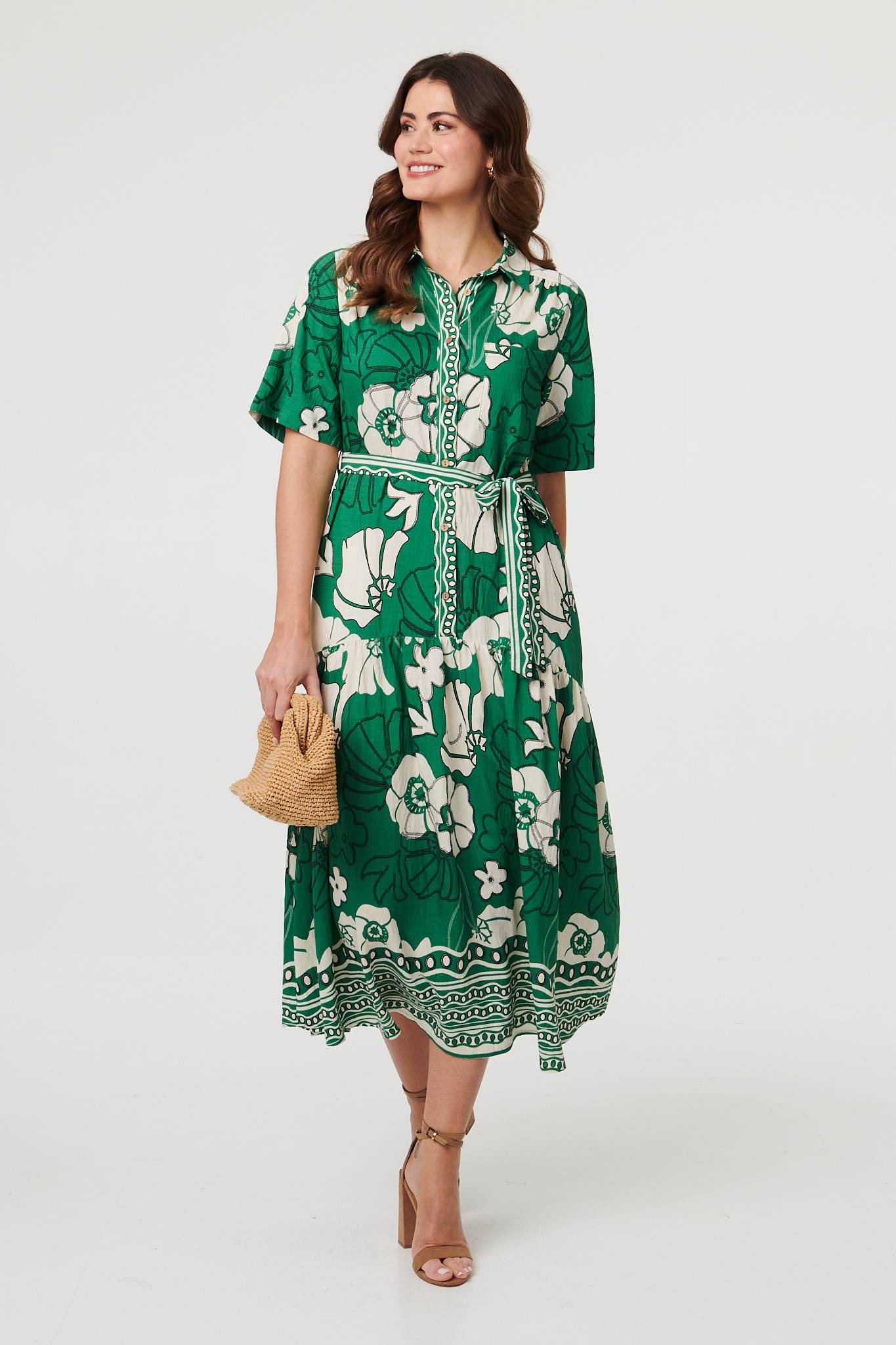 Floral Tie 1/2 Sleeve Maxi Shirt Dress Detail View