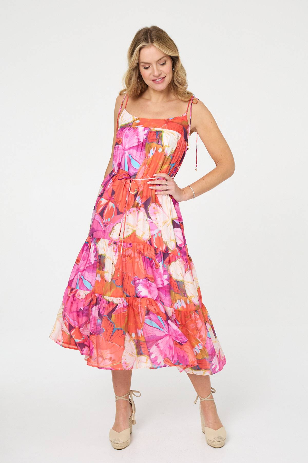 Floral Tie Strap Tiered Midi Dress Side View