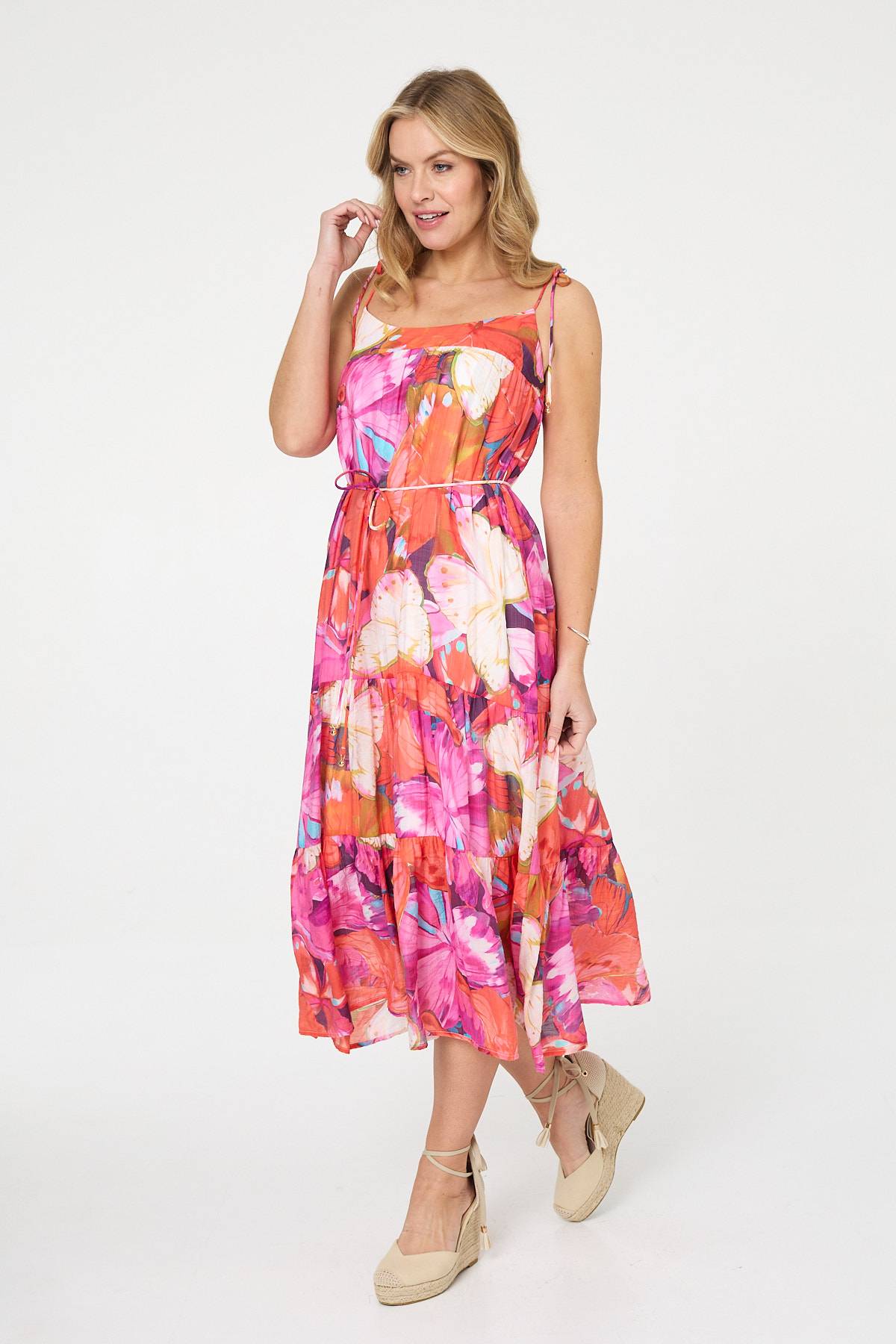 Floral Tie Strap Tiered Midi Dress Full Length View