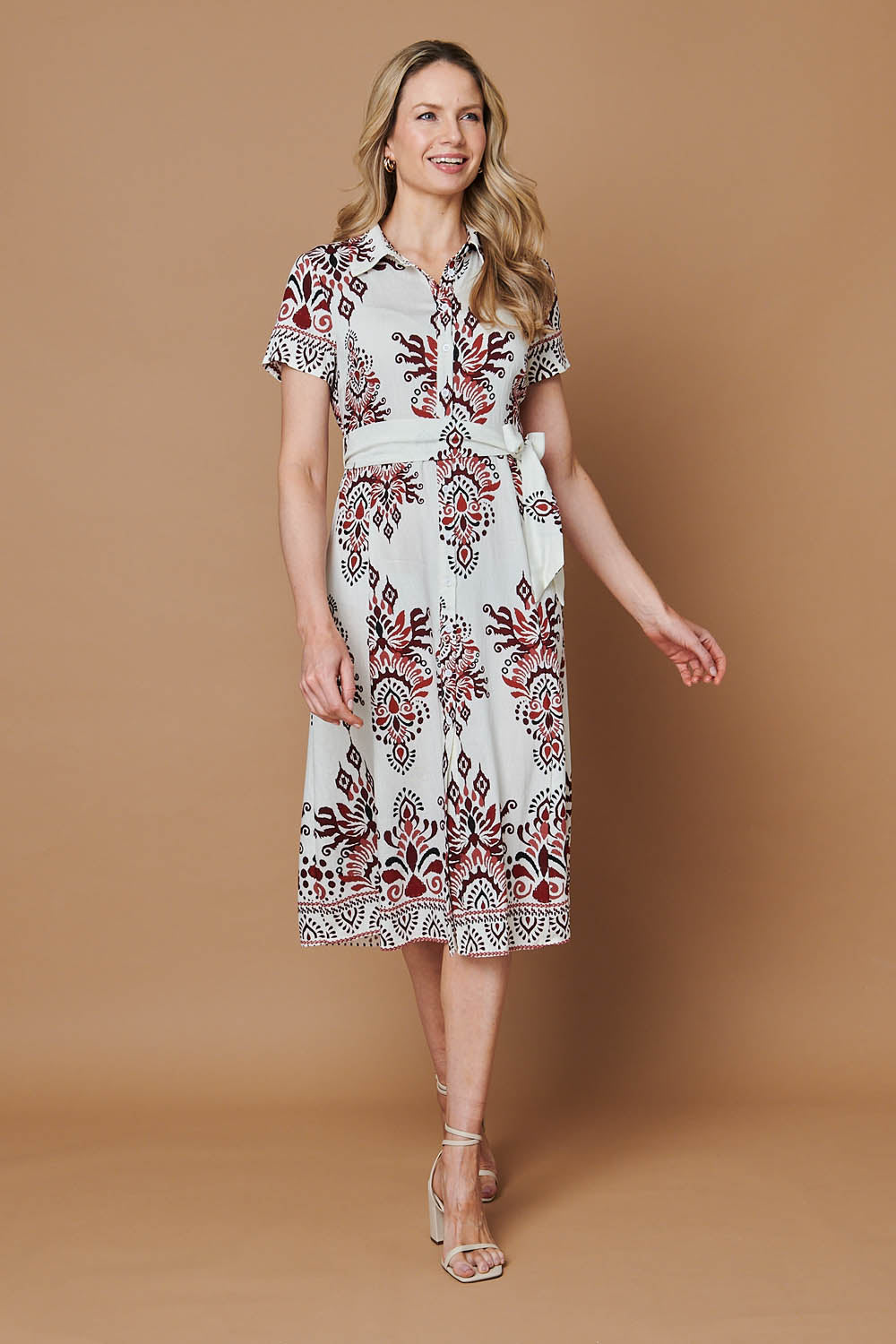 Border Print Short Sleeve Midi Dress Detail View