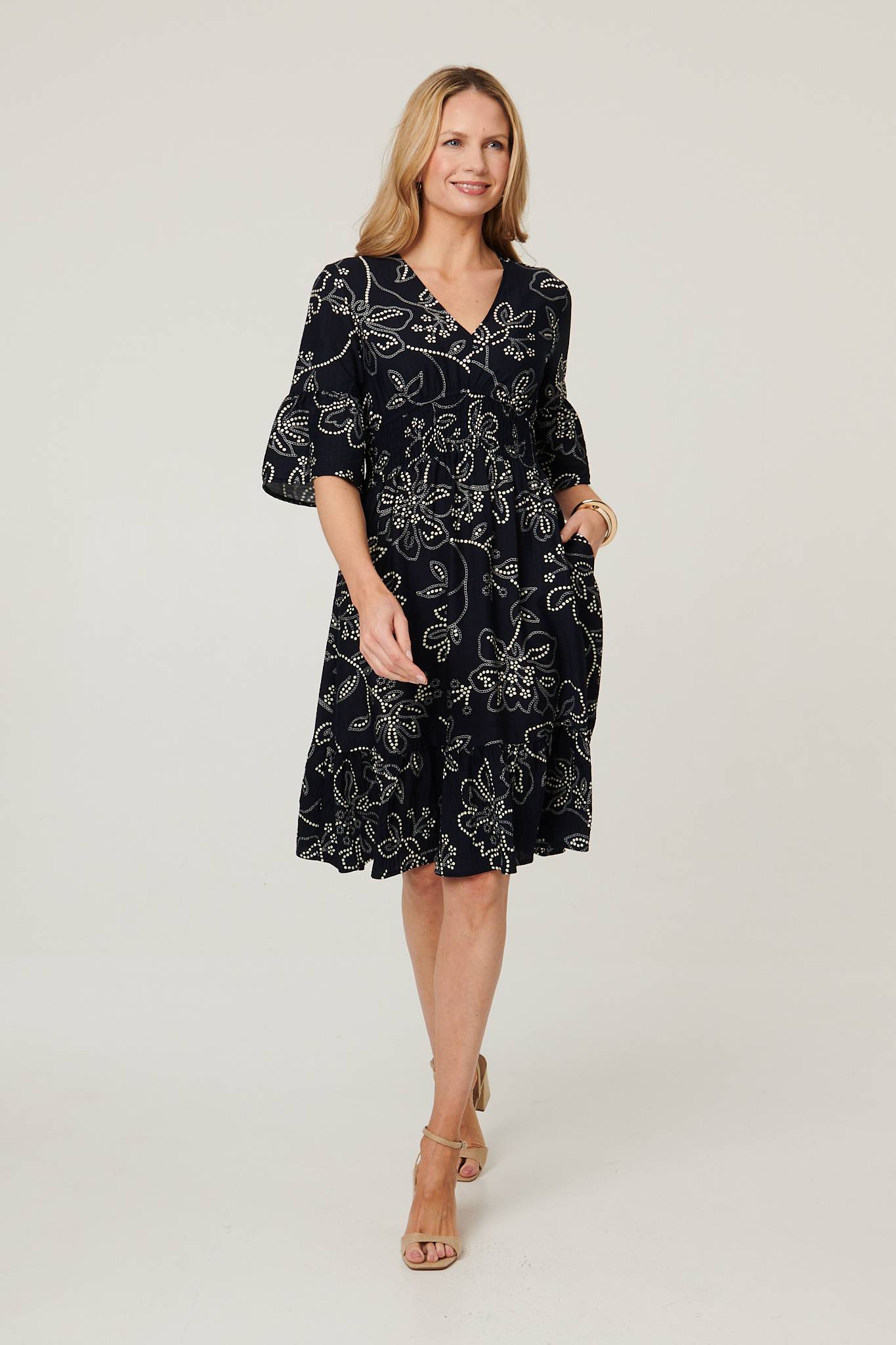 Printed Flare Sleeve Knee Length Dress Back View