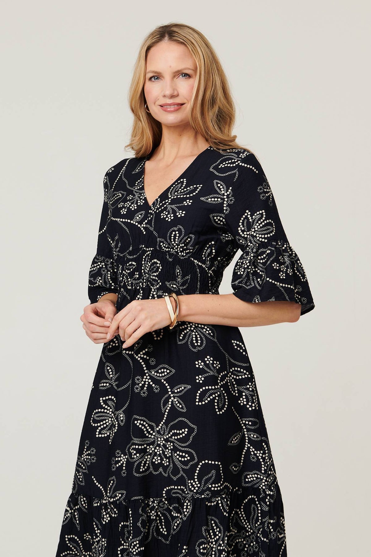 Printed Flare Sleeve Knee Length Dress Detail View