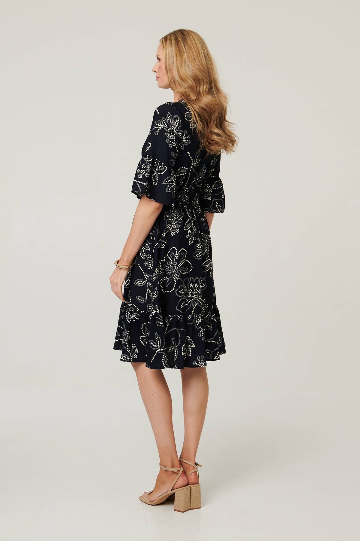 Printed Flare Sleeve Knee Length Dress Side View
