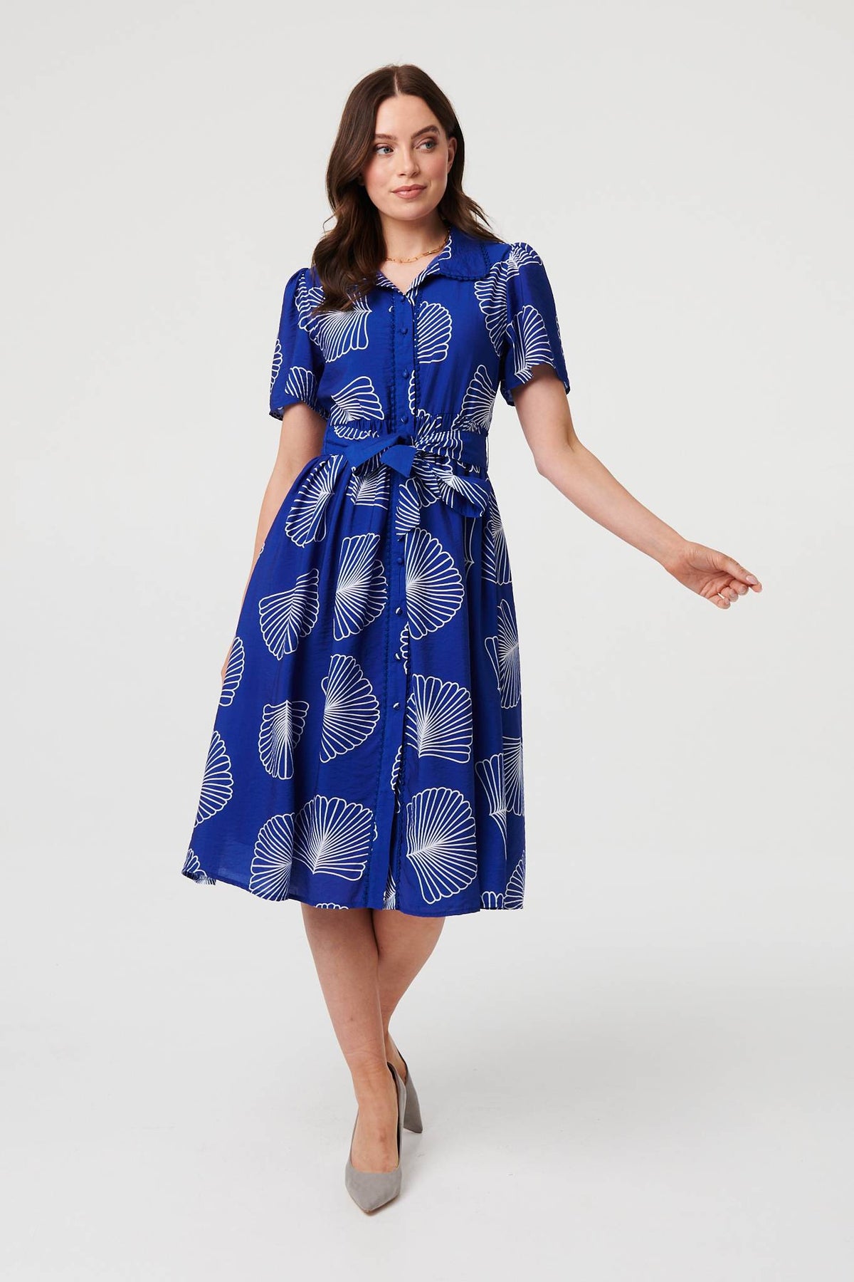 Printed Short Sleeve Tie Midi Dress Front View