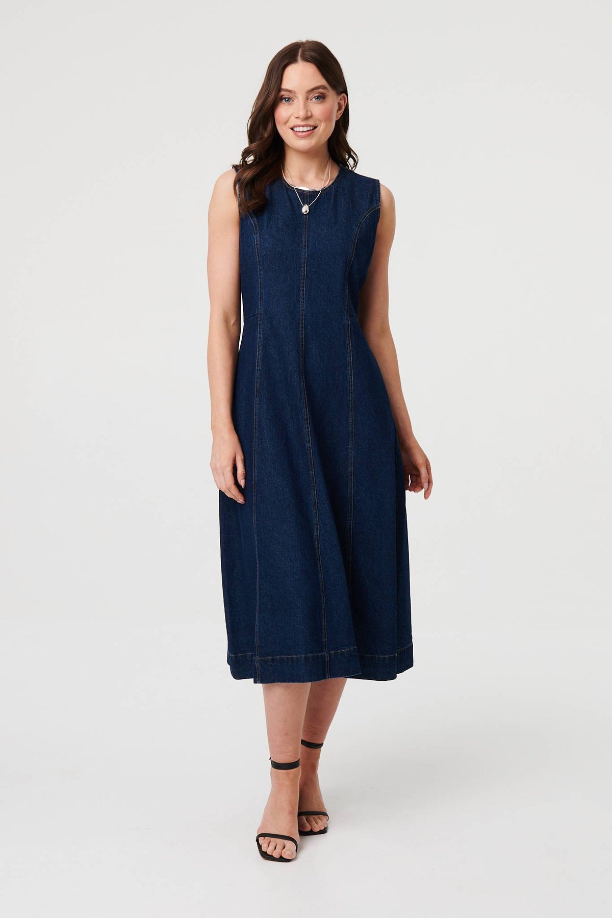 Denim Sleeveless Midi A-Line Dress Back View