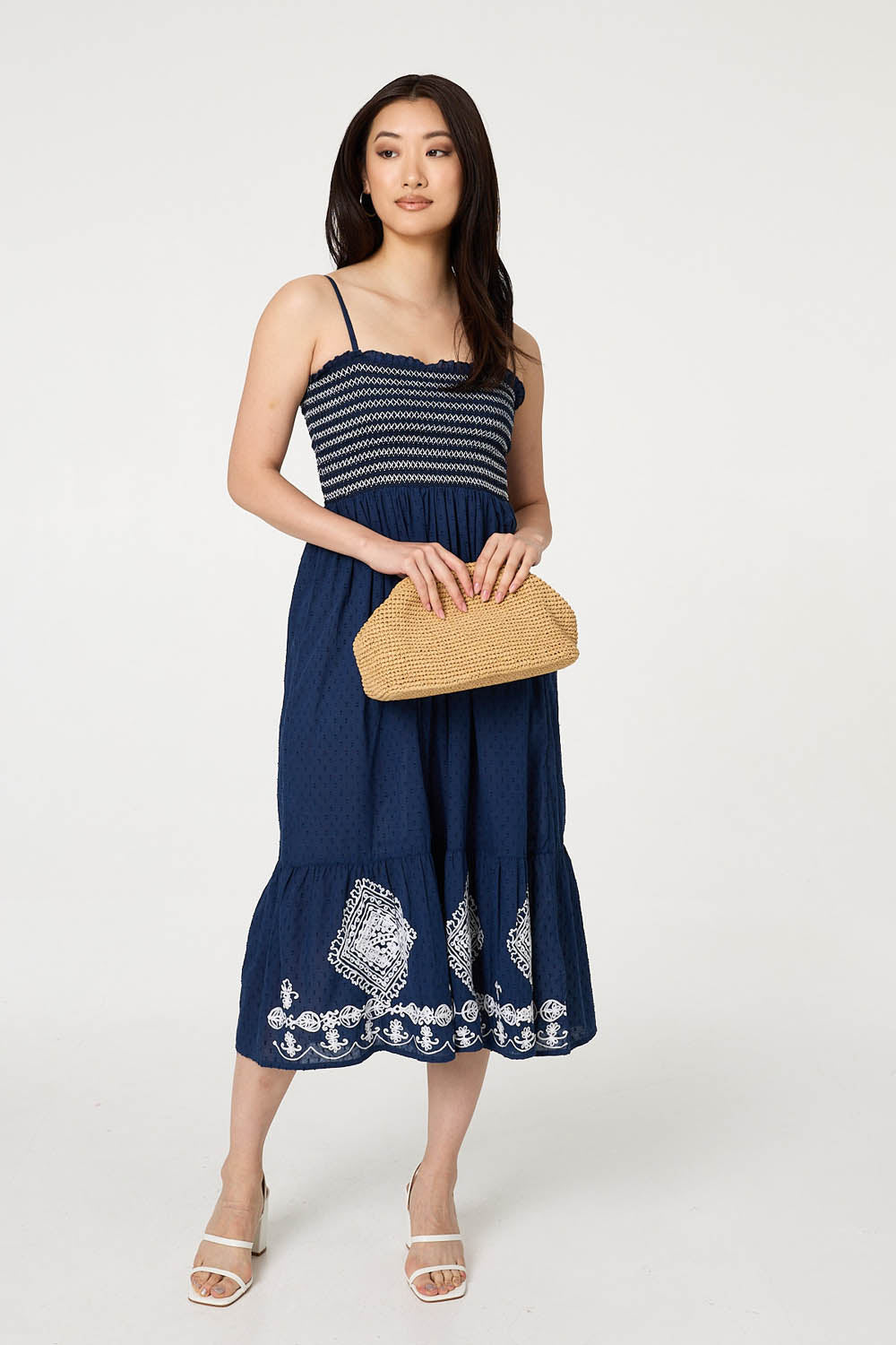 Embroidered Border Cami Strap Midi Dress Detail View