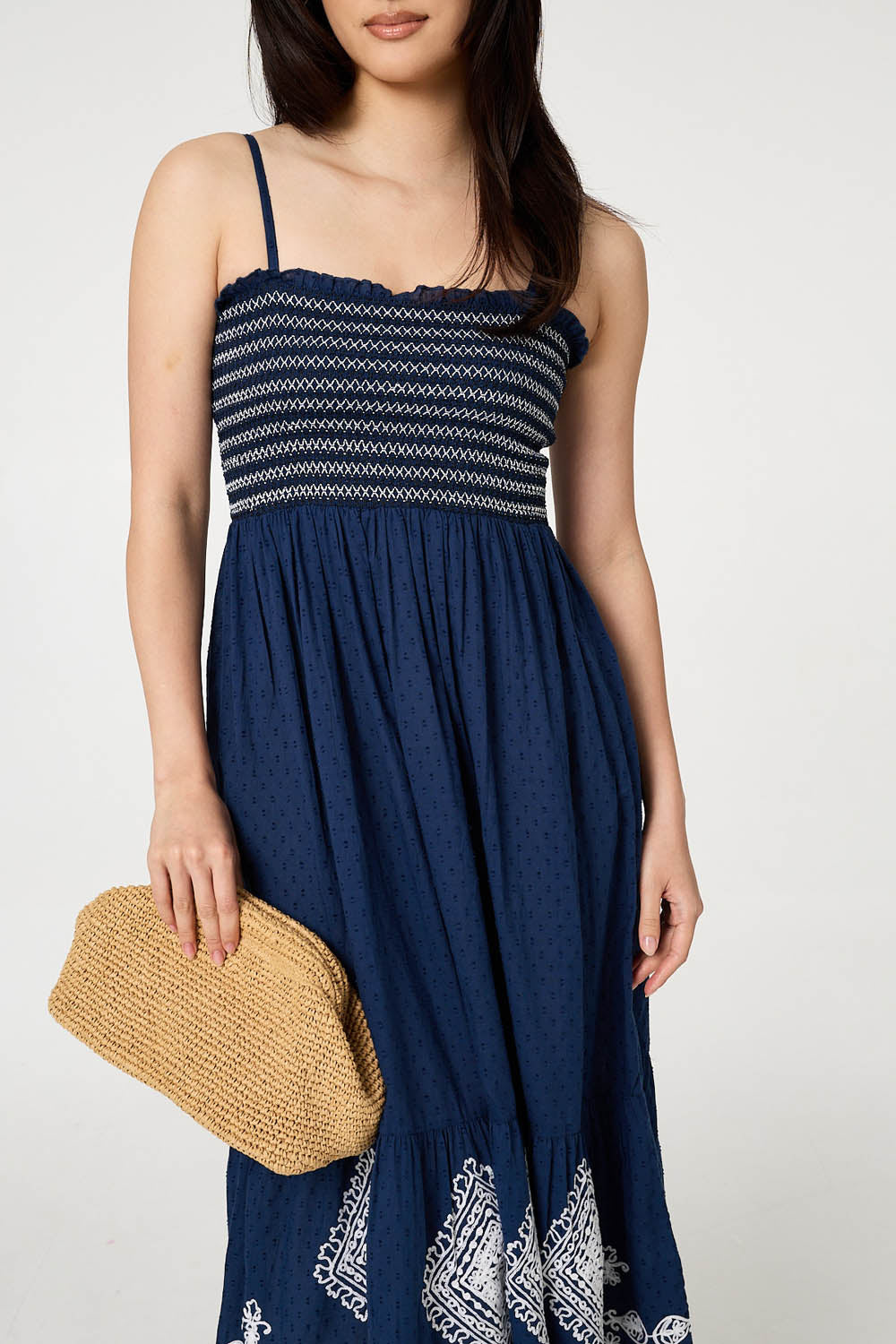 Embroidered Border Cami Strap Midi Dress Full Length View