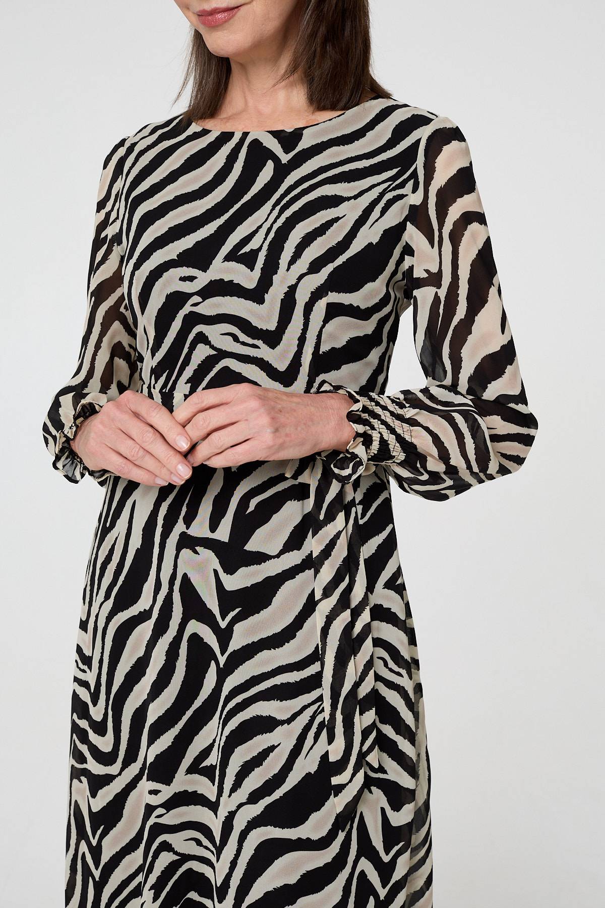 Zebra Print Layered Tie Waist Maxi Dress Styled View