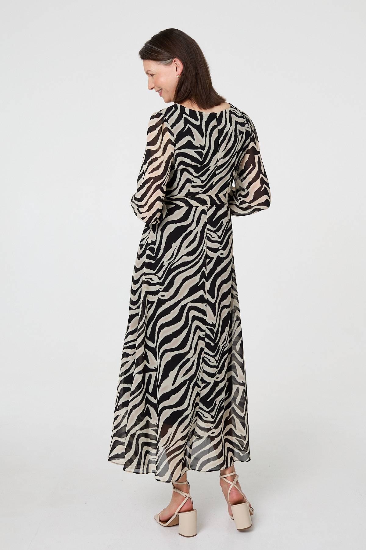 Zebra Print Layered Tie Waist Maxi Dress Detail View