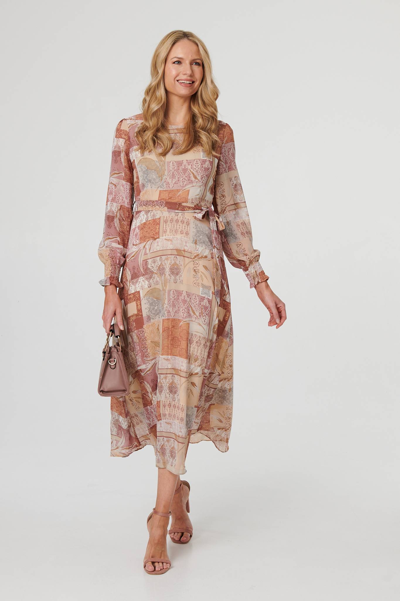 Patchwork Tie Long Sleeve Maxi Dress Front View