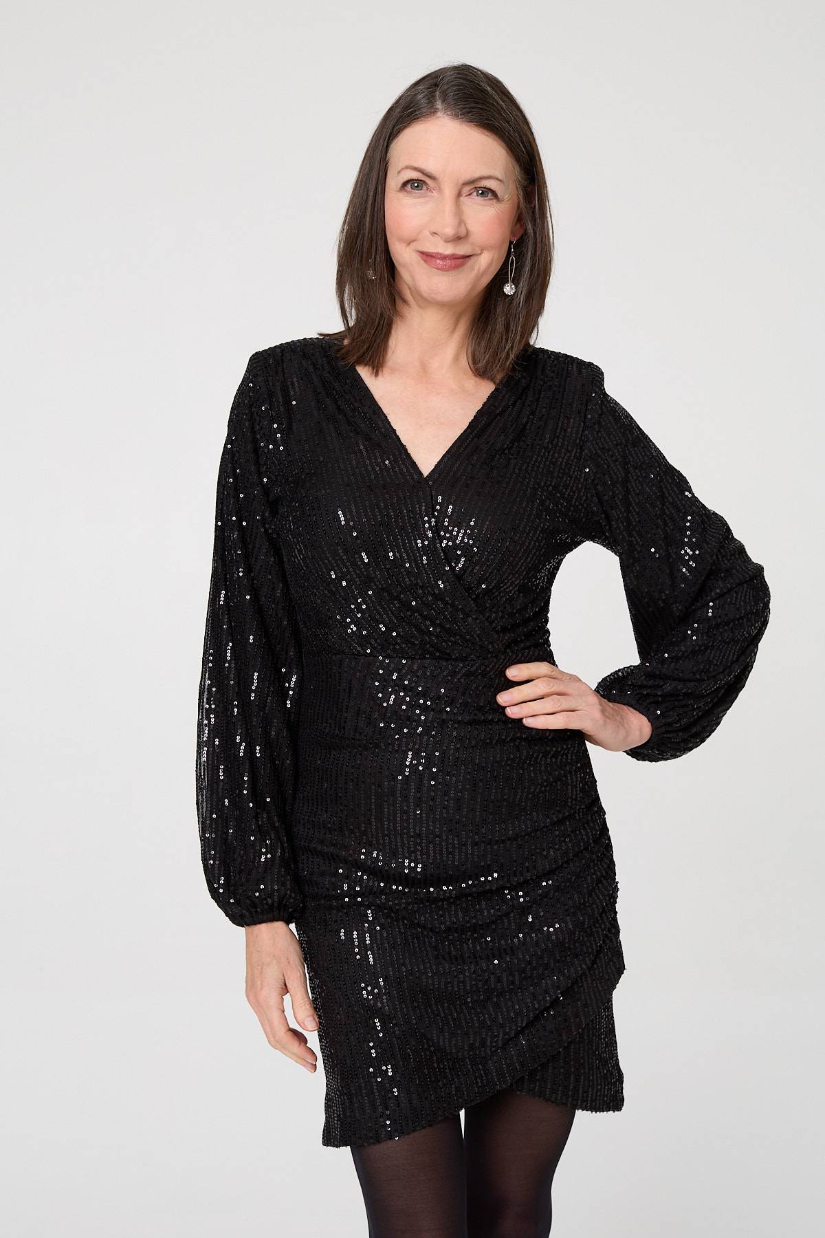 Sequinned Long Sleeve Short Wrap Dress Front View