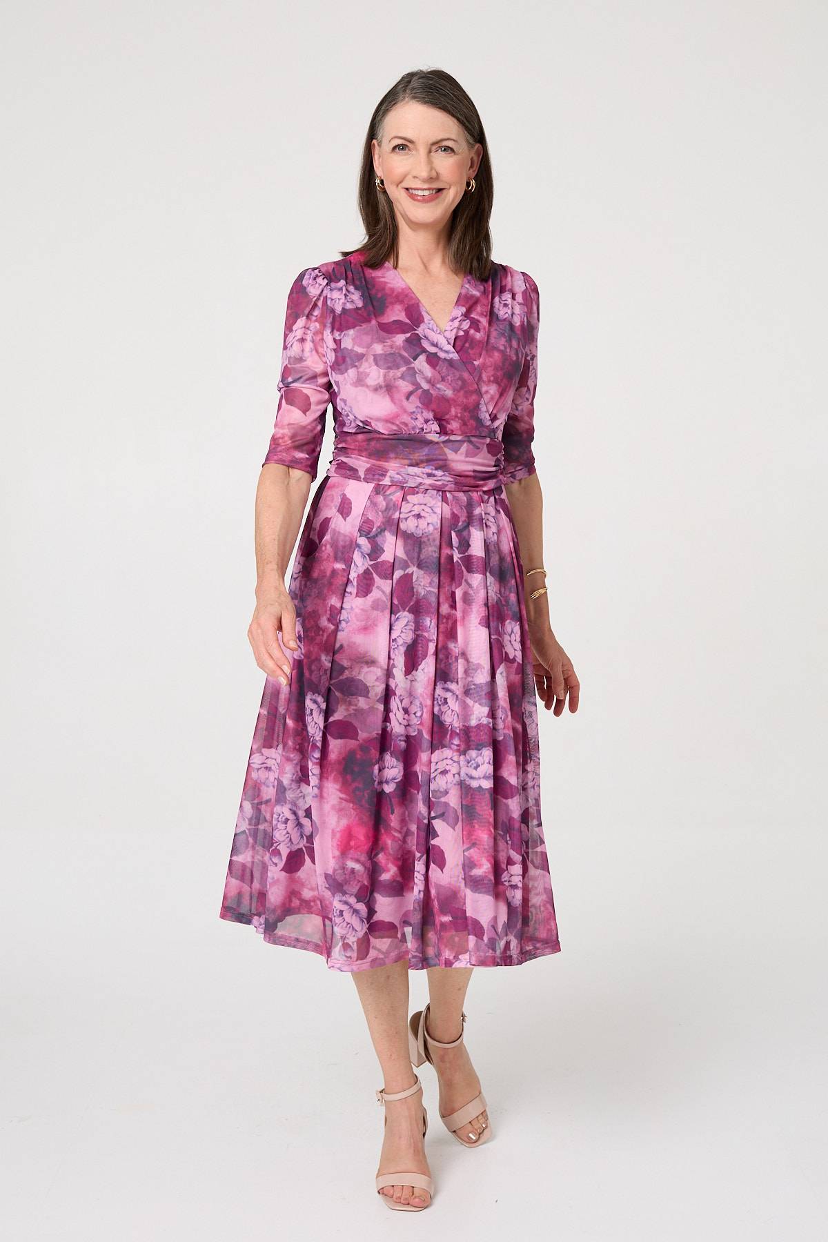 Floral Mesh Texture Pleated Midi Dress Front View
