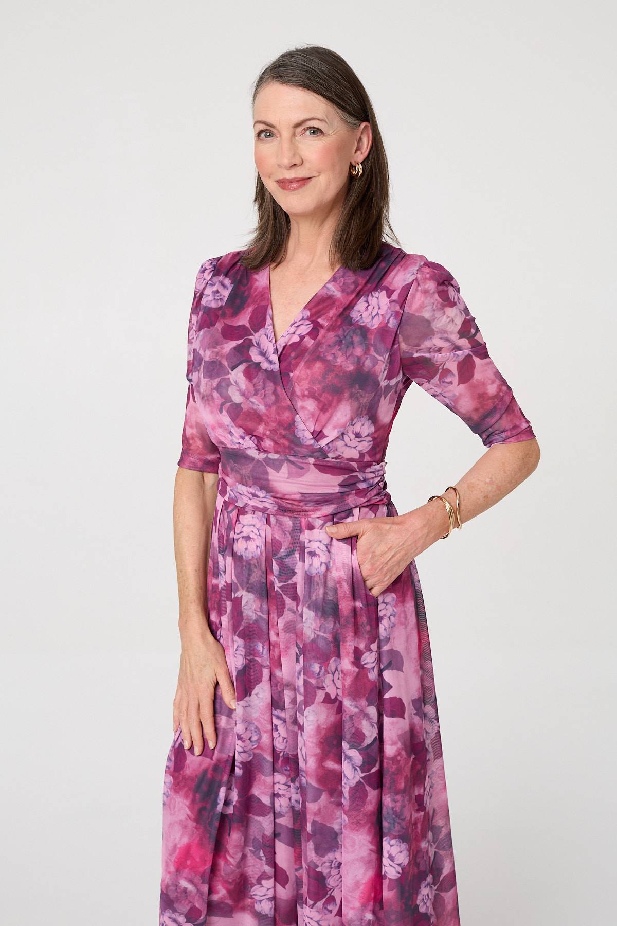 Floral Mesh Texture Pleated Midi Dress Back View