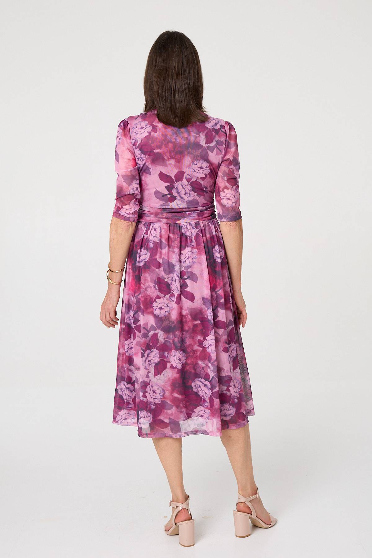 Floral Mesh Texture Pleated Midi Dress Side View