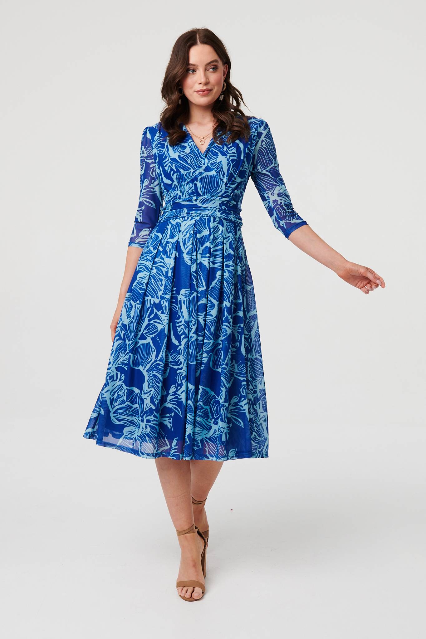 Leaf Print Mesh Layer Midi Wrap Dress Front View