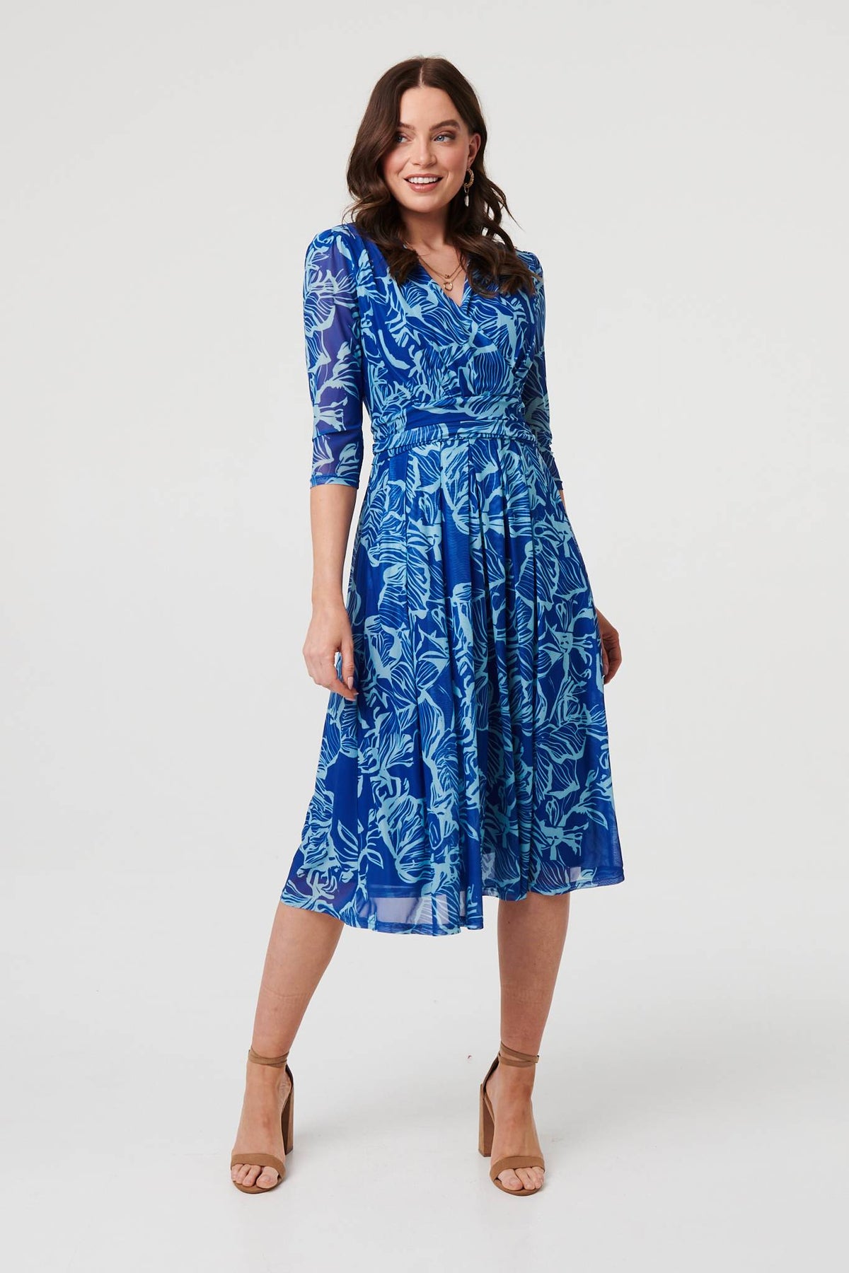 Leaf Print Mesh Layer Midi Wrap Dress Back View