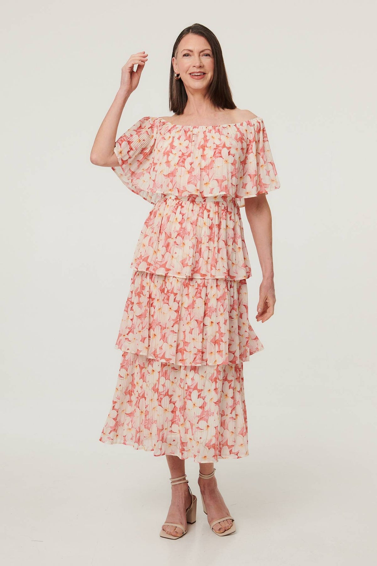 Floral Texture Tiered Midi Dress Front View