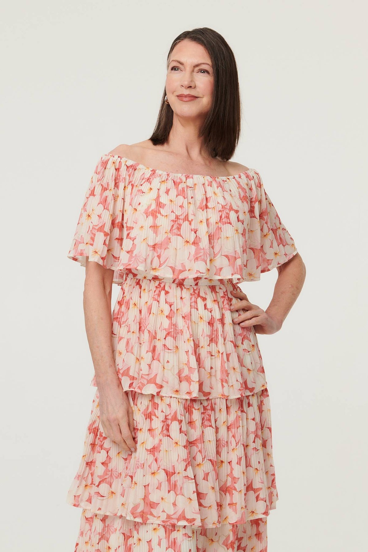 Floral Texture Tiered Midi Dress Full Length View