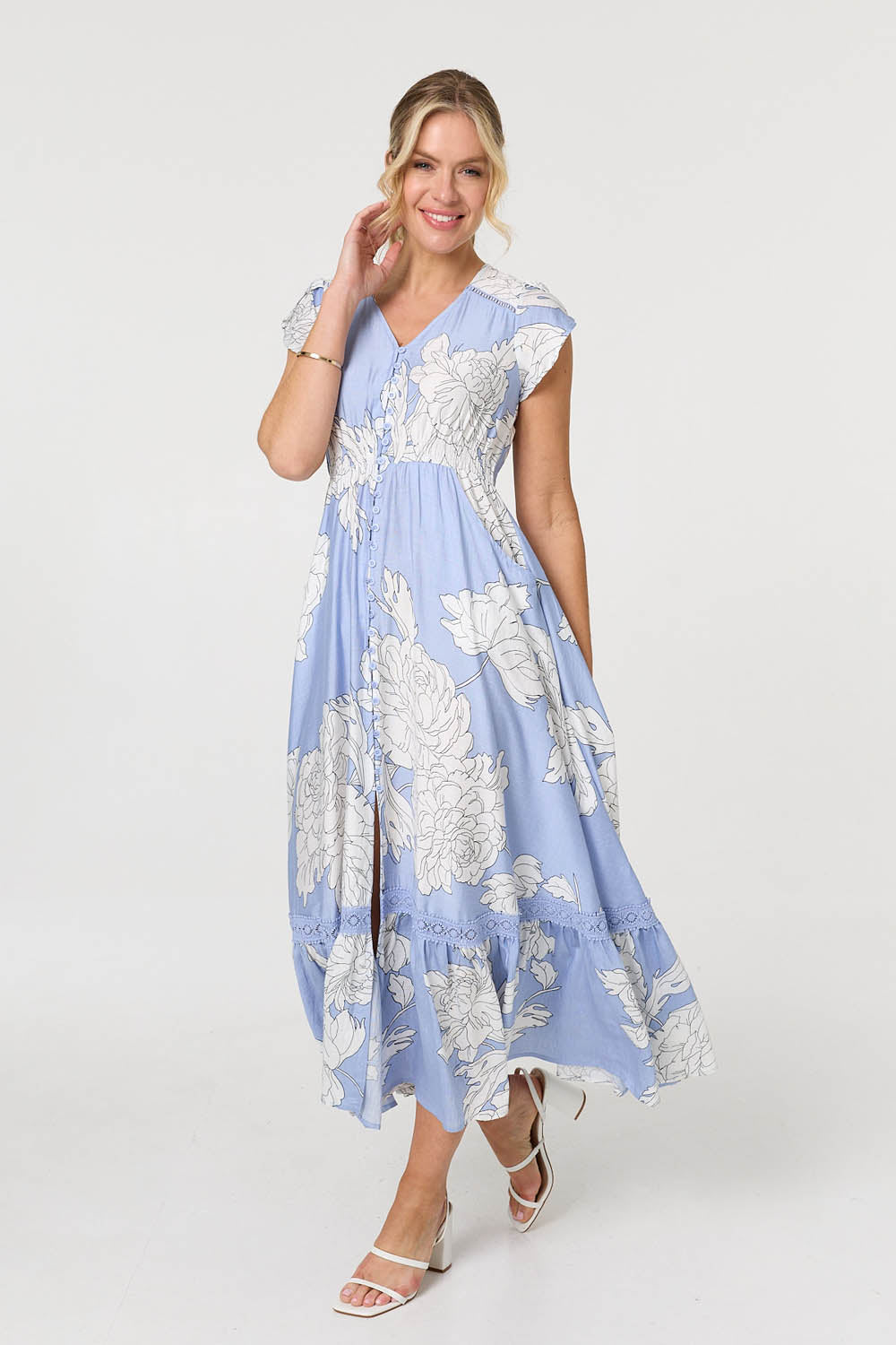 Floral Cap Sleeve Button-Up Maxi Dress Styled View