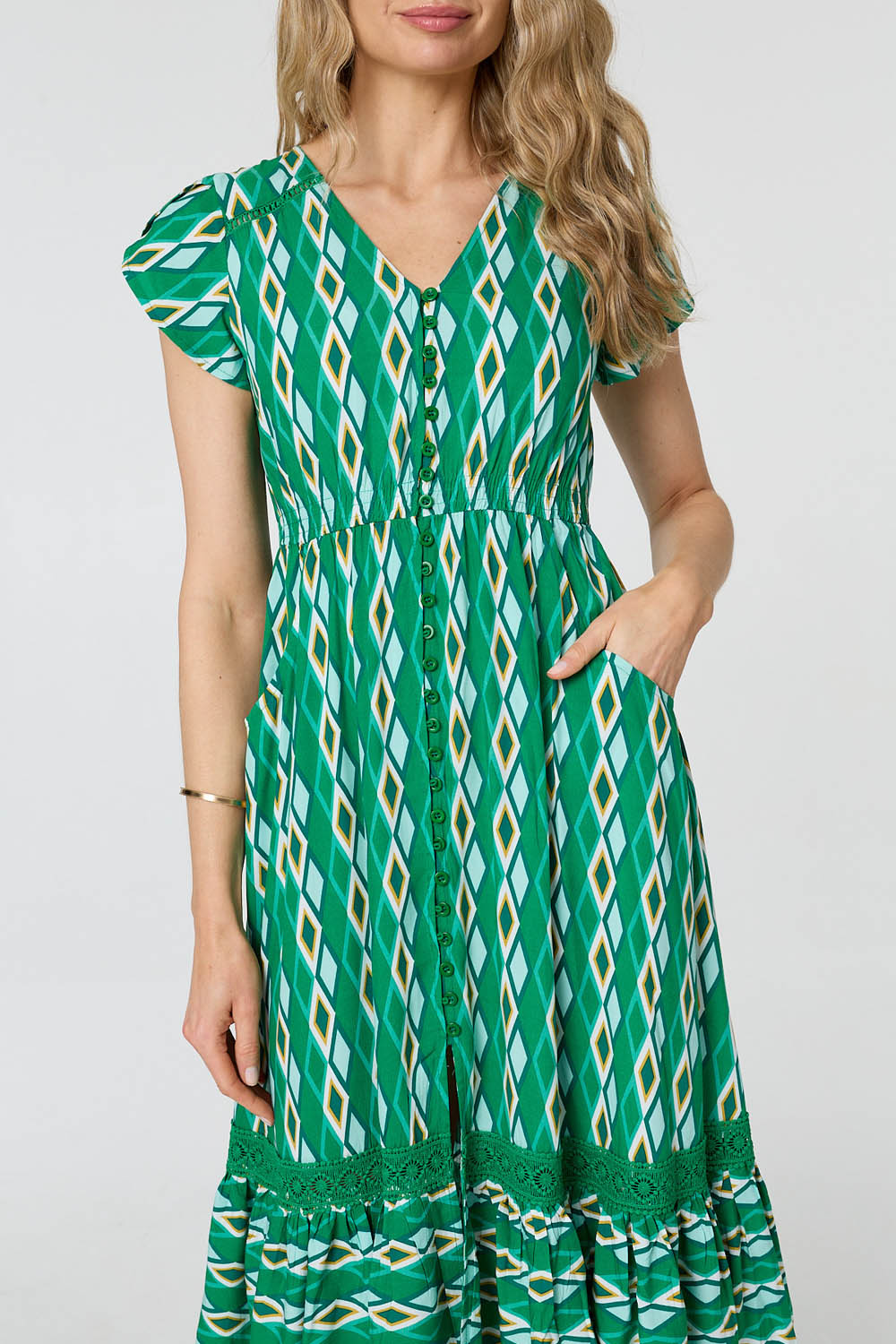 Geo Print Cap Sleeve Lace Midi Dress Full Length View