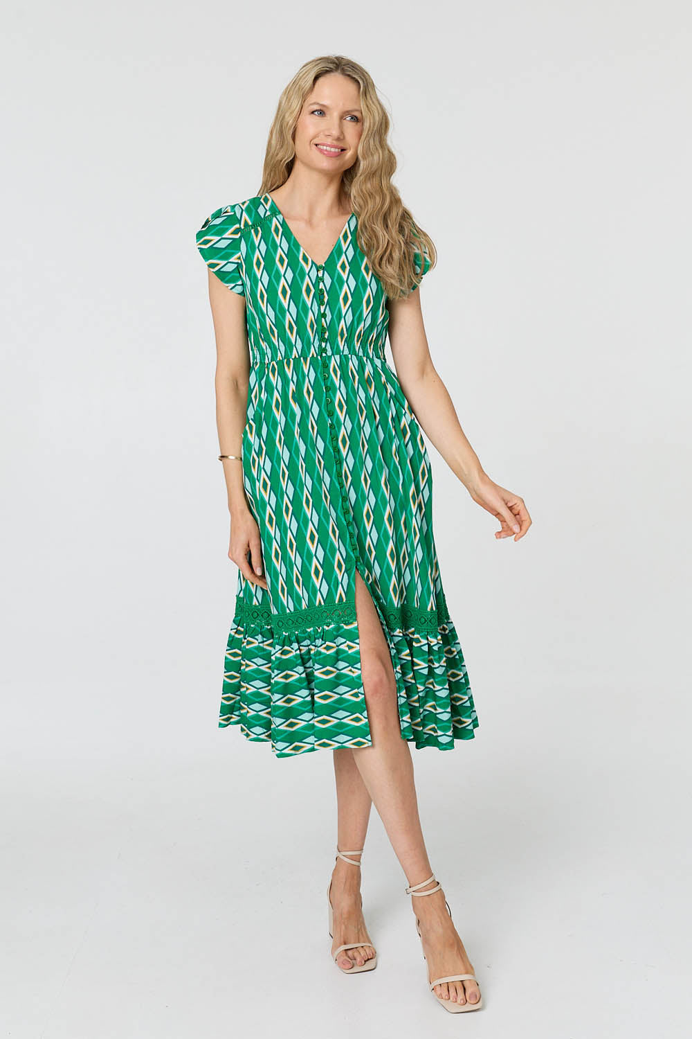 Geo Print Cap Sleeve Lace Midi Dress Detail View