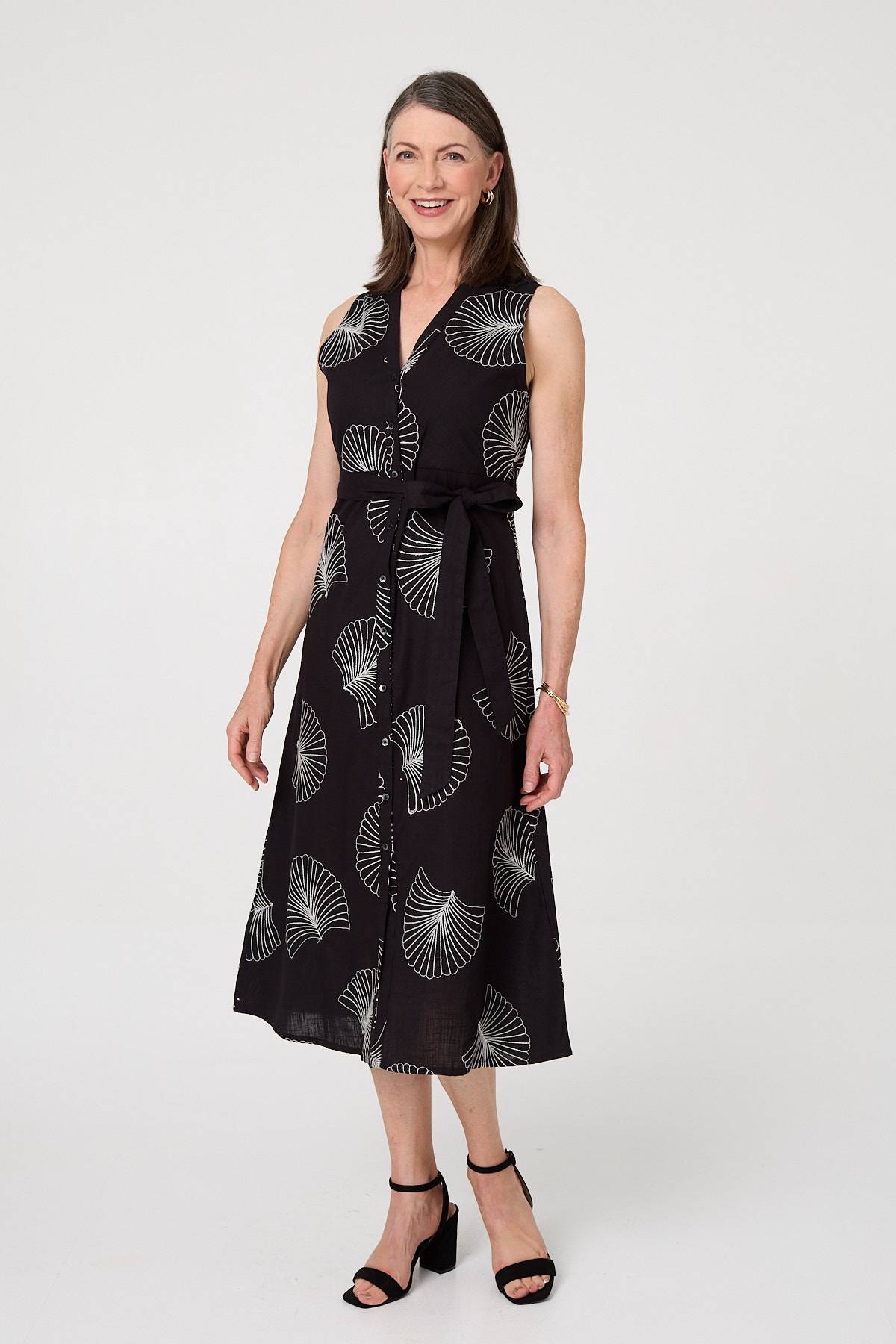 Embroidered Sleeveless Midi Shirt Dress Front View
