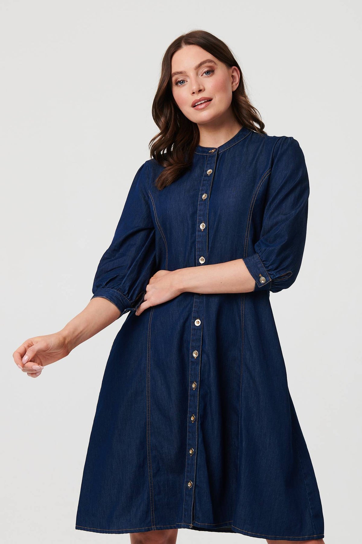 Collarless Knee Length Shirt Dress Front View