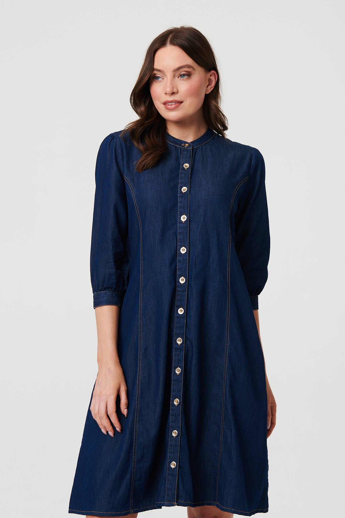 Collarless Knee Length Shirt Dress Styled View