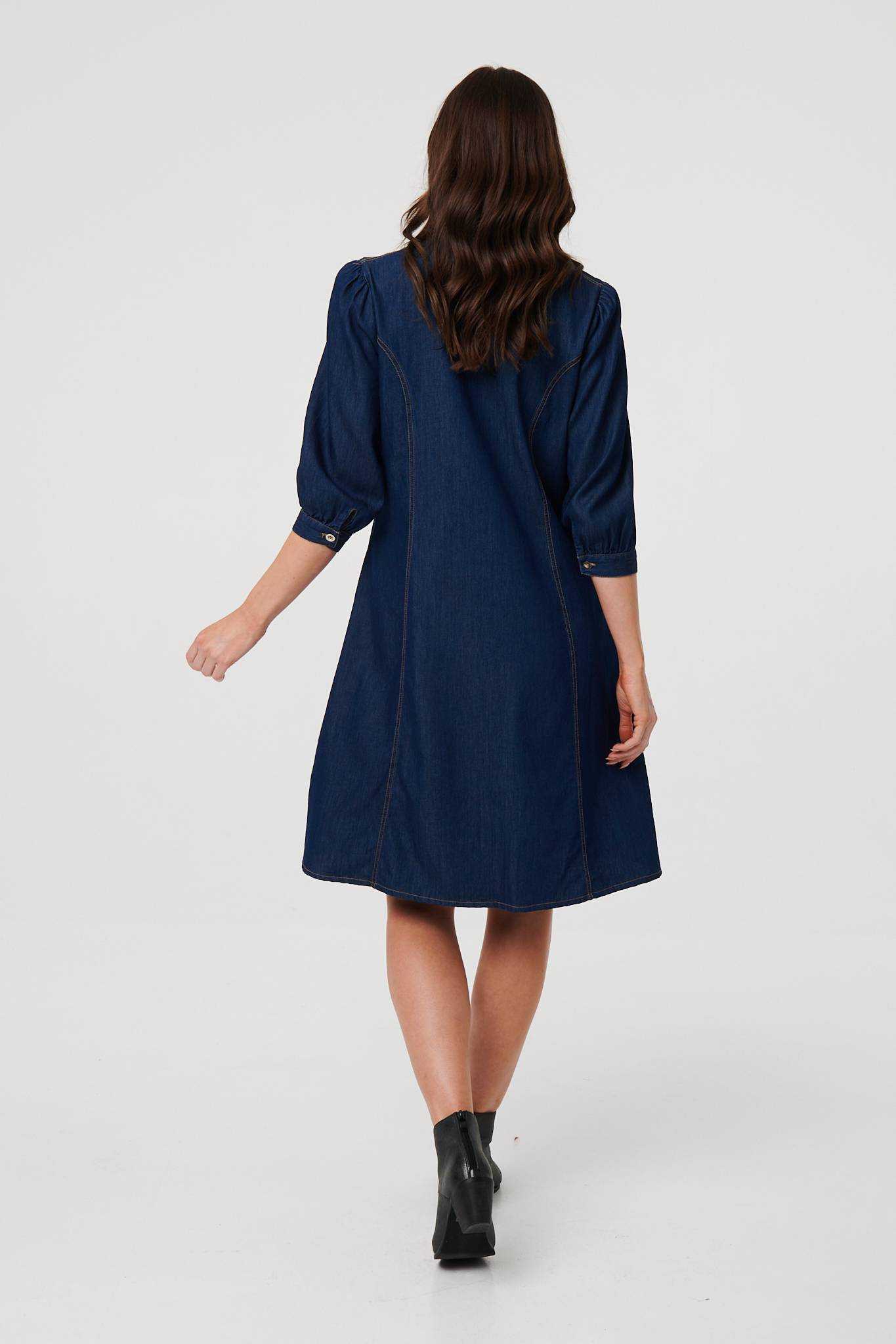 Collarless Knee Length Shirt Dress Detail View